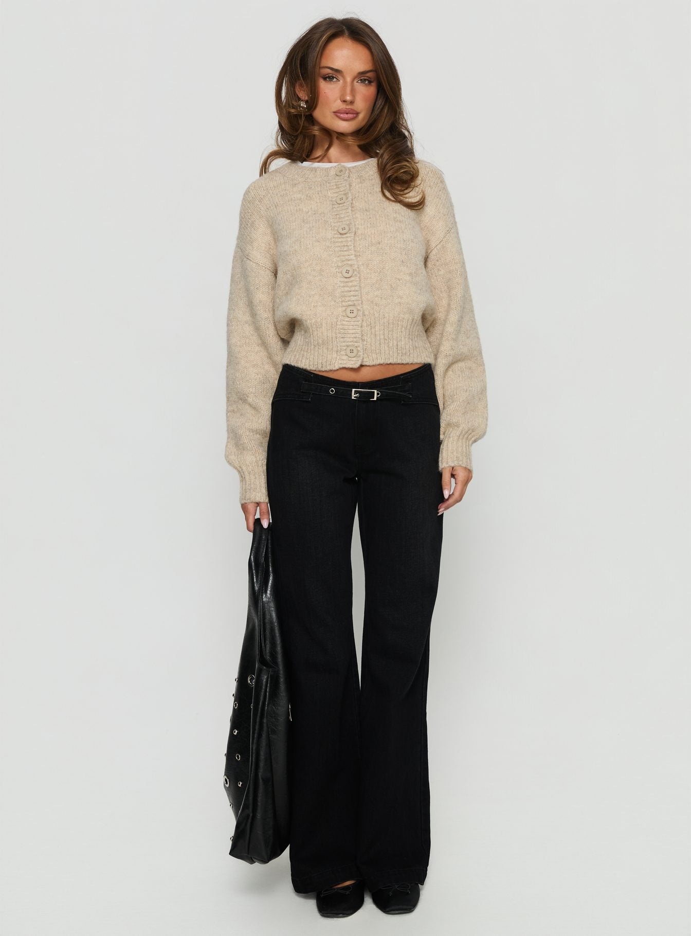 Slow Ride Mid Rise Bootleg Belted Jeans Washed Black women's denim jeans by Ellevoria