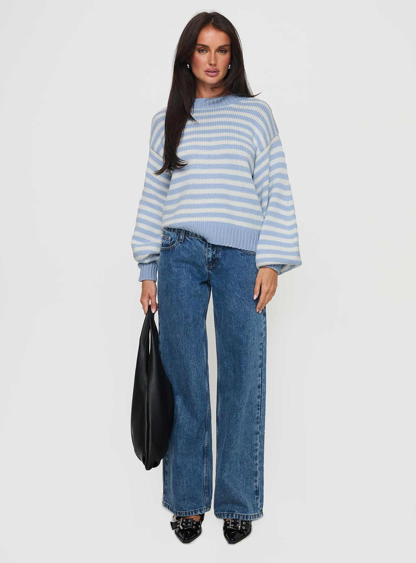 Harmony Balloon Sleeve Knit Sweater Blue / White Stripe women's sweater by Ellevoria