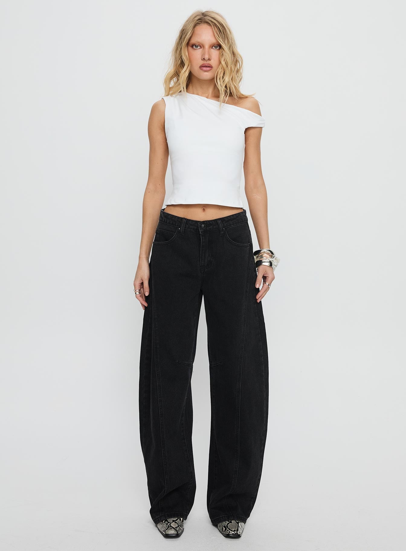 Lost Track Mid Rise Barrel Leg Jeans Washed Black women's denim jeans by Ellevoria