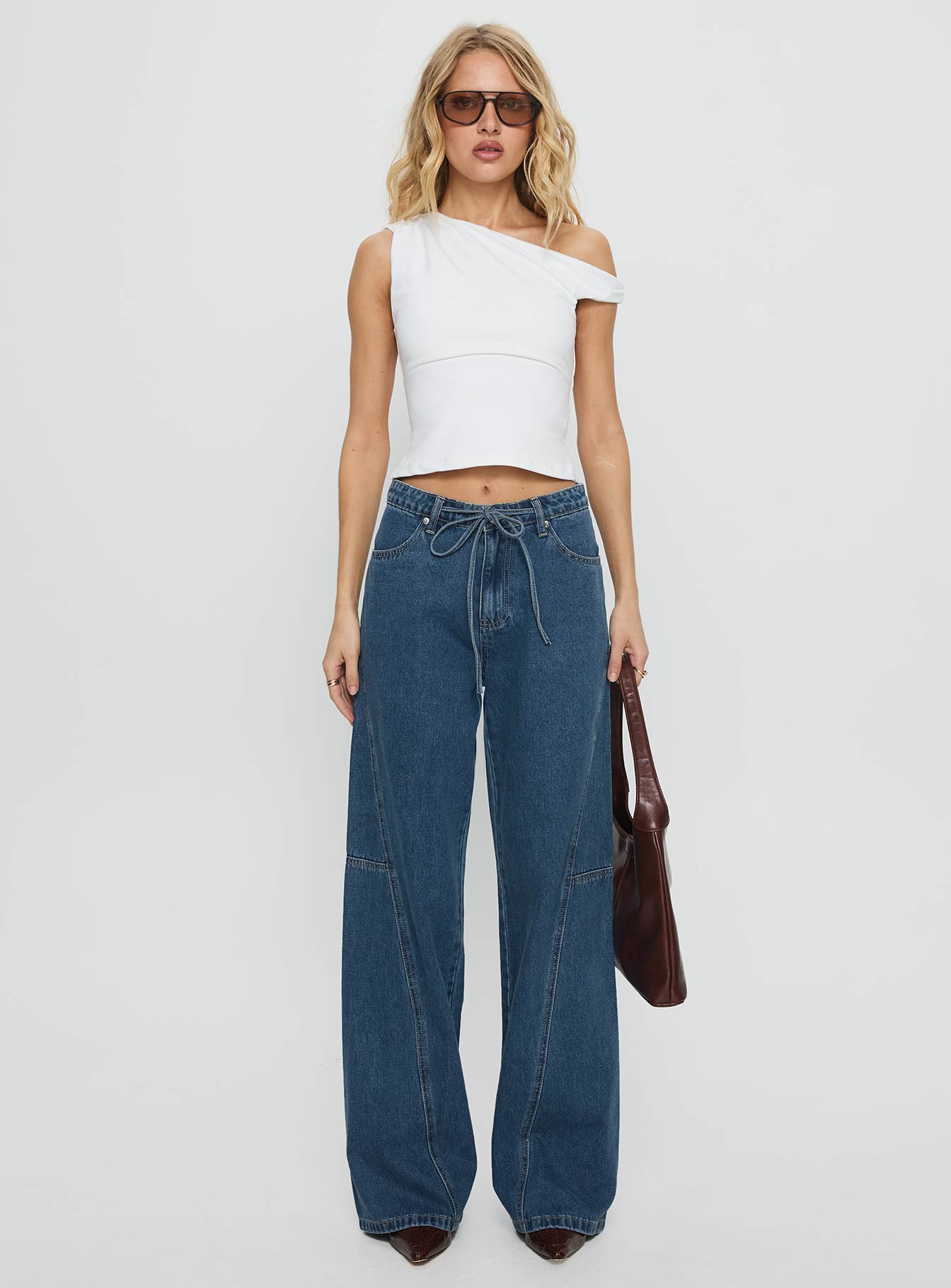 Bruiser Tie Waist Mid Rise Wide Leg Jeans Mid Blue Wash women's denim jeans by Ellevoria