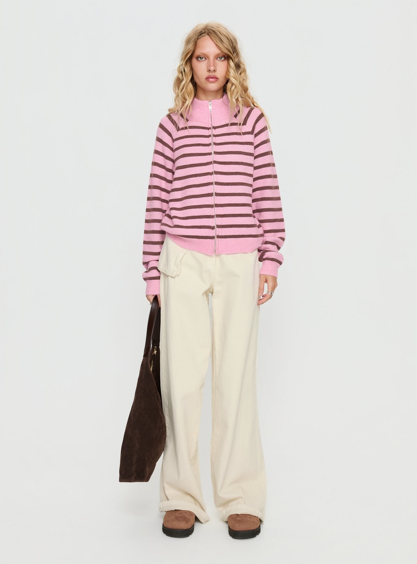 Kaylei Zip Through Cardigan Pink Stripe women's sweater by Ellevoria