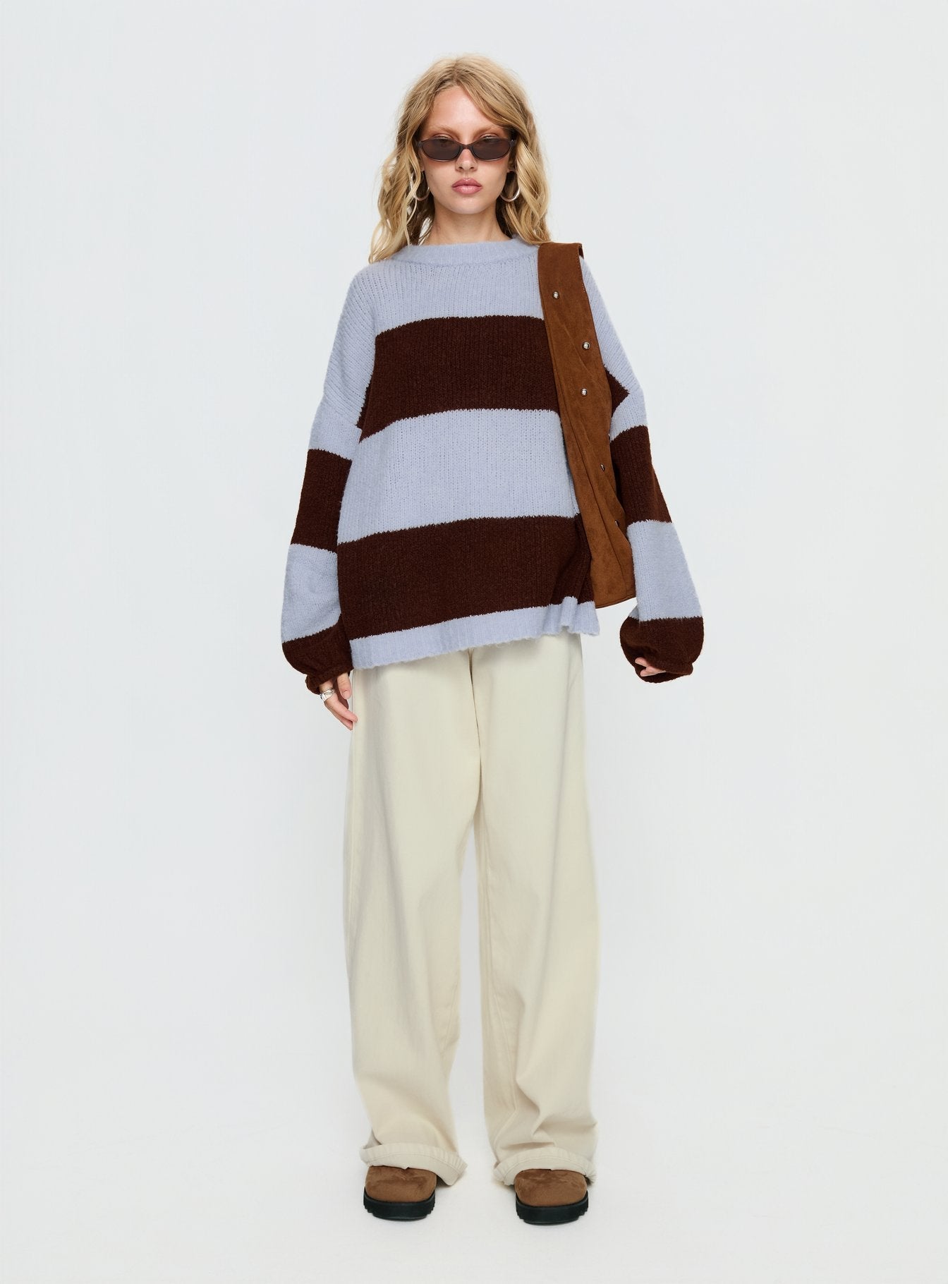 Bastien Crew Neck Knit Sweater Blue / Chocolate Stripe women's sweater by Ellevoria