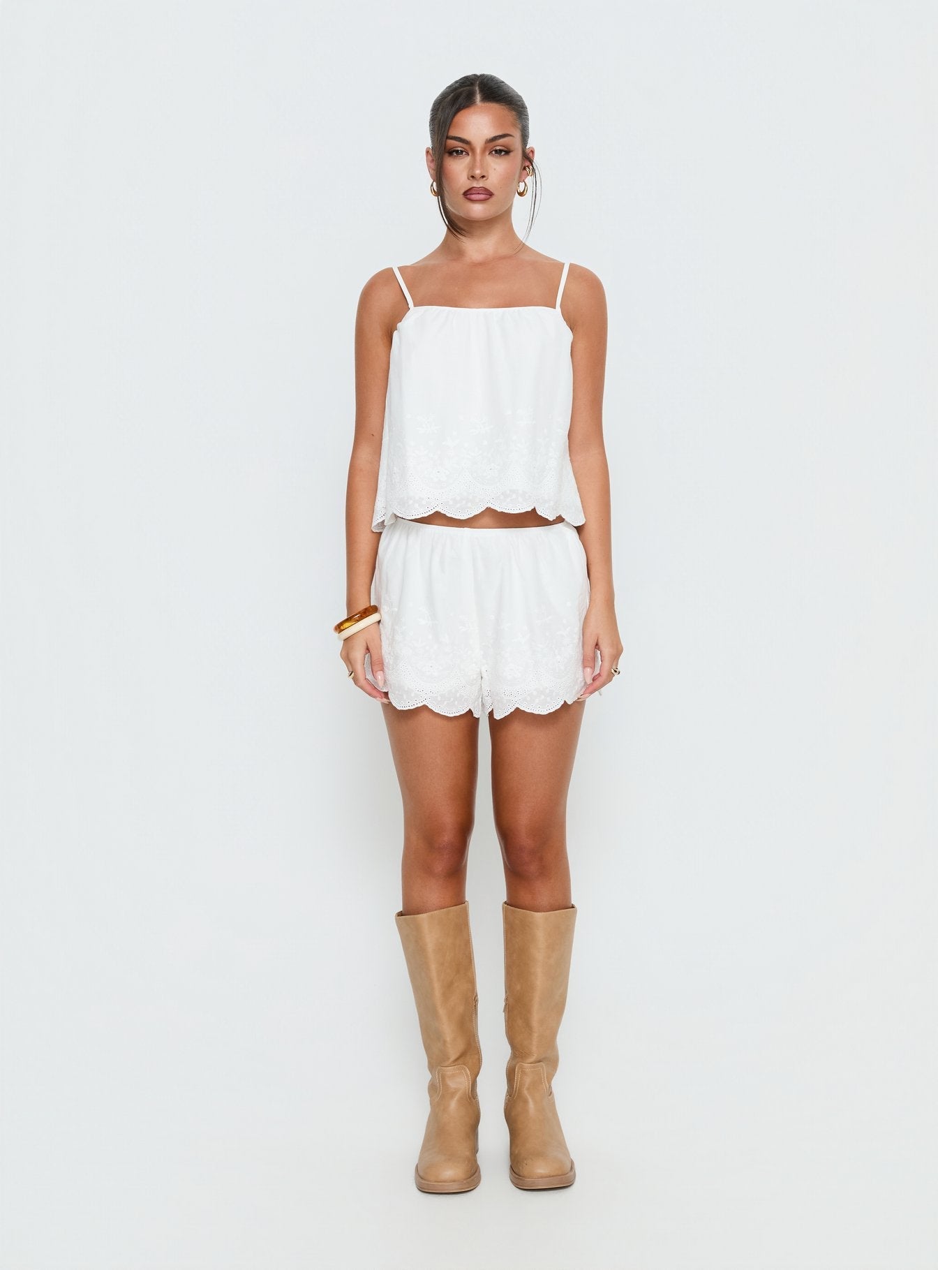 Madison Avenue Embroidered Detail Shorts White women's two piece set by Ellevoria