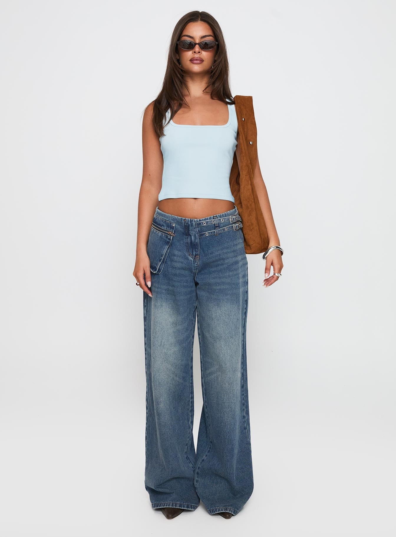 Paltrow Mid Rise Wide Leg Cargo Jeans Mid Blue Wash women's denim jeans by Ellevoria