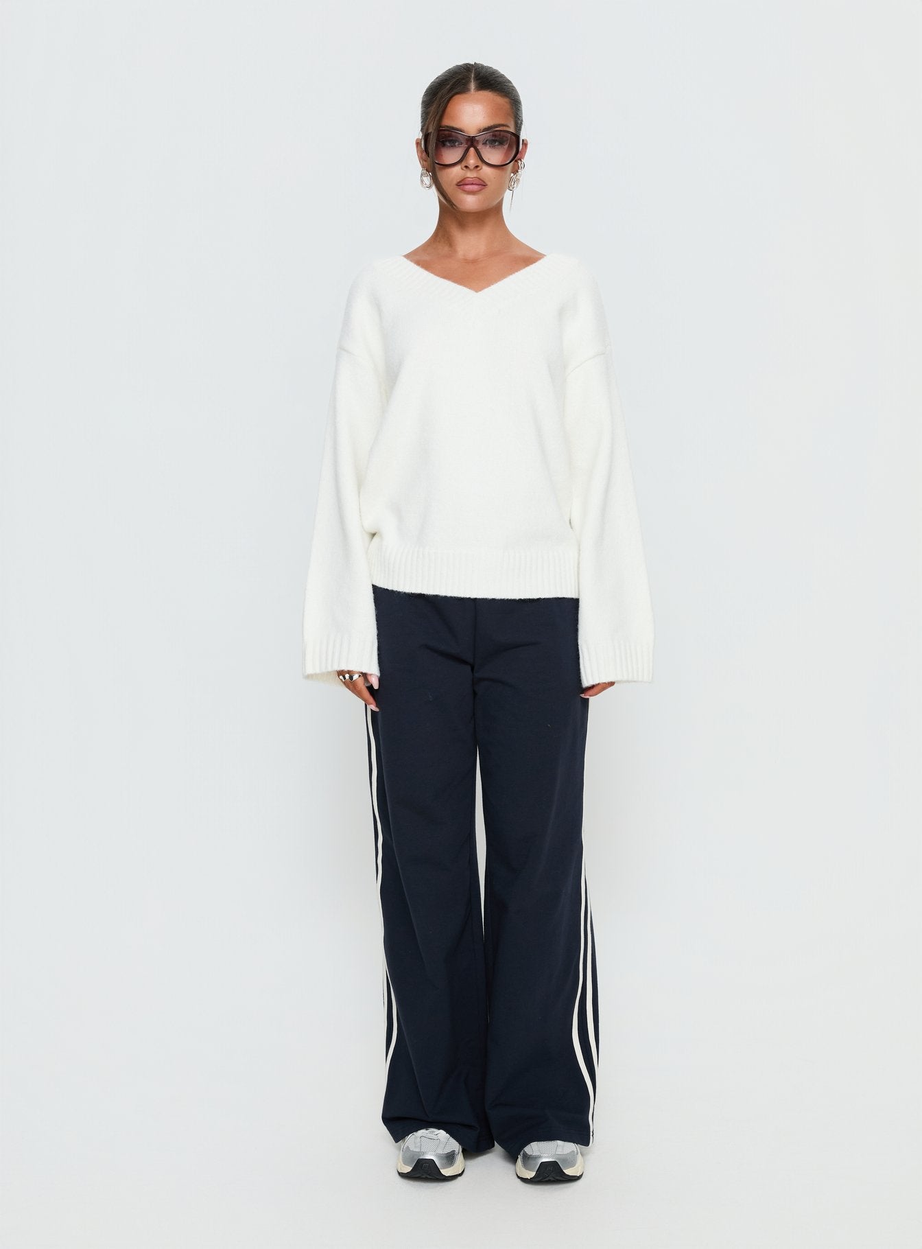 Kaileigh V Neck Knit Sweater Cream women's sweater by Ellevoria