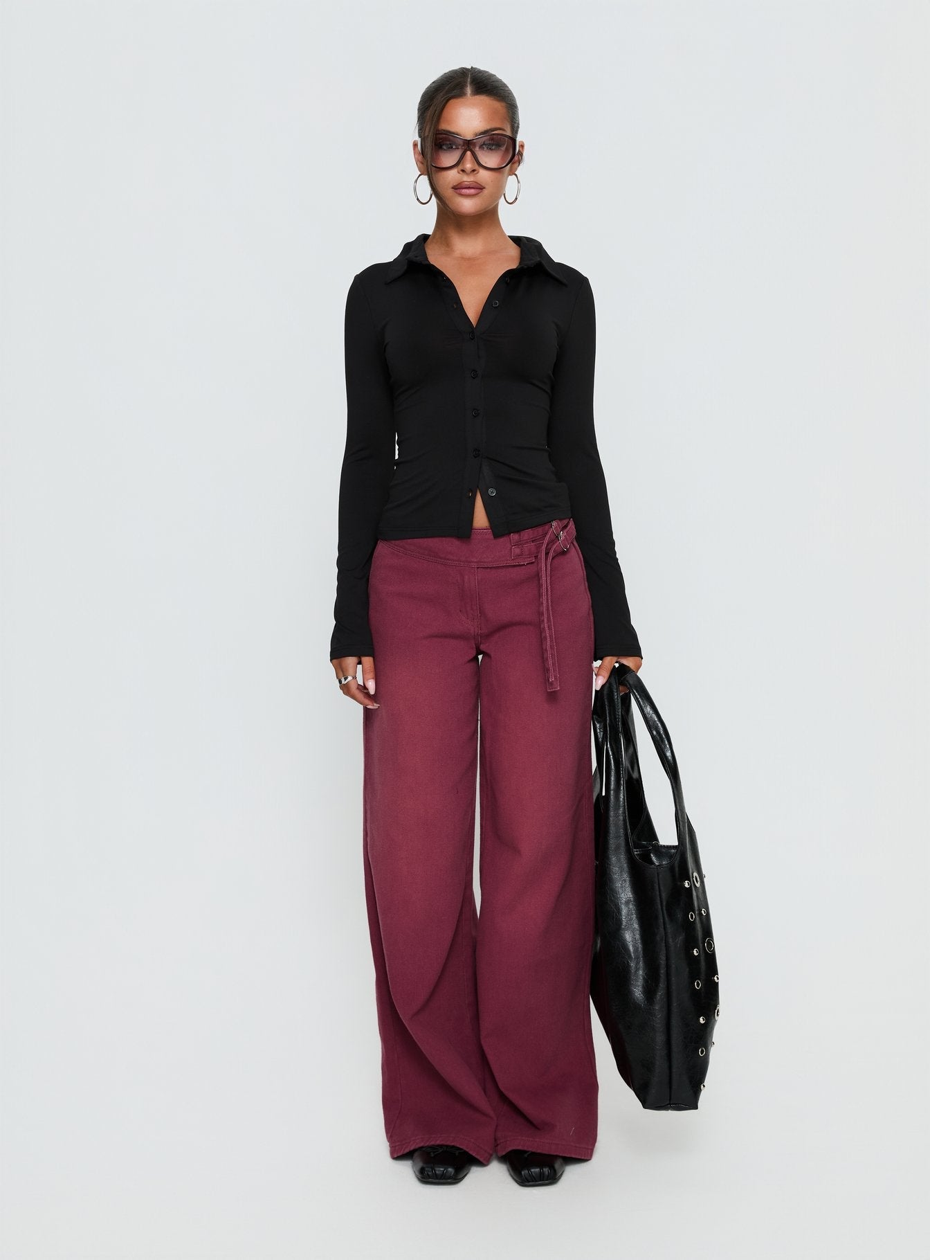 Boxie Mid Rise Wide Leg Jeans Washed Burgundy women's denim jeans by Ellevoria
