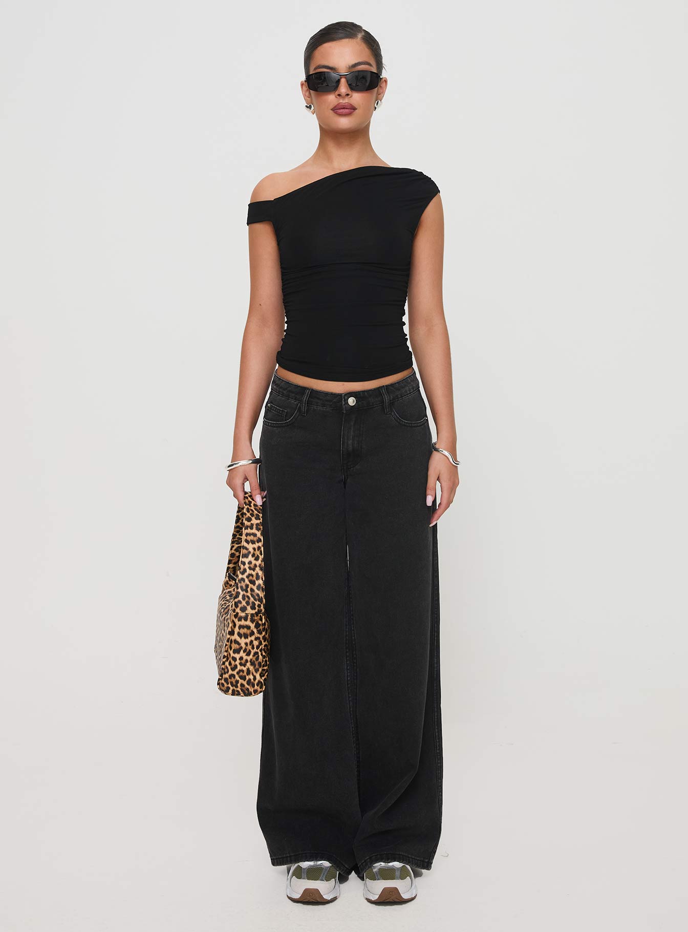 Ramos Low Rise Wide Leg Denim Jeans Washed Black women's denim jeans by Ellevoria