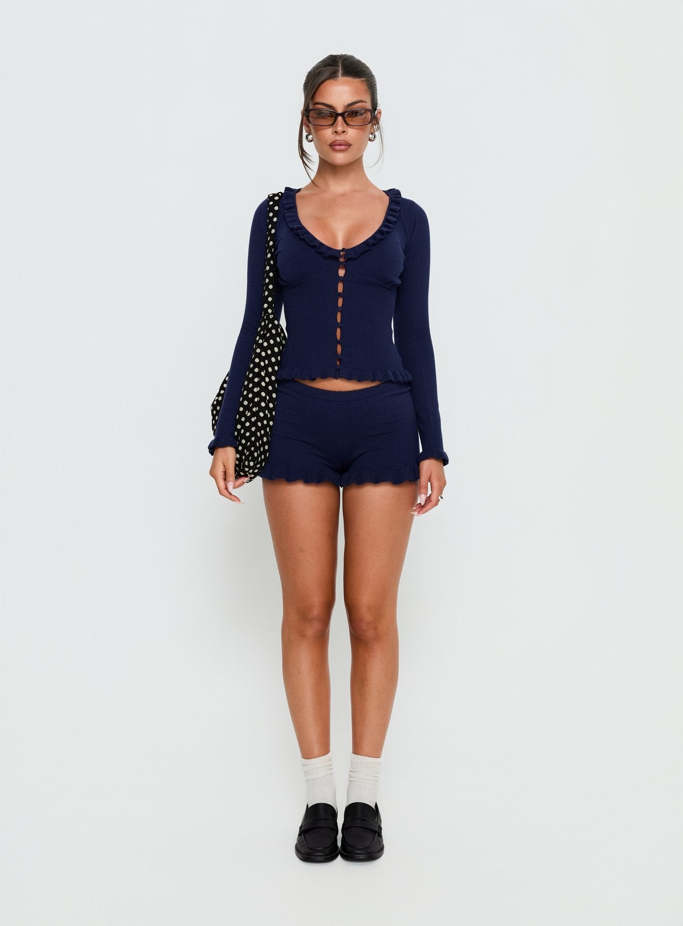 Ceria Frill Knit Shorts Navy women's matching set by Ellevoria