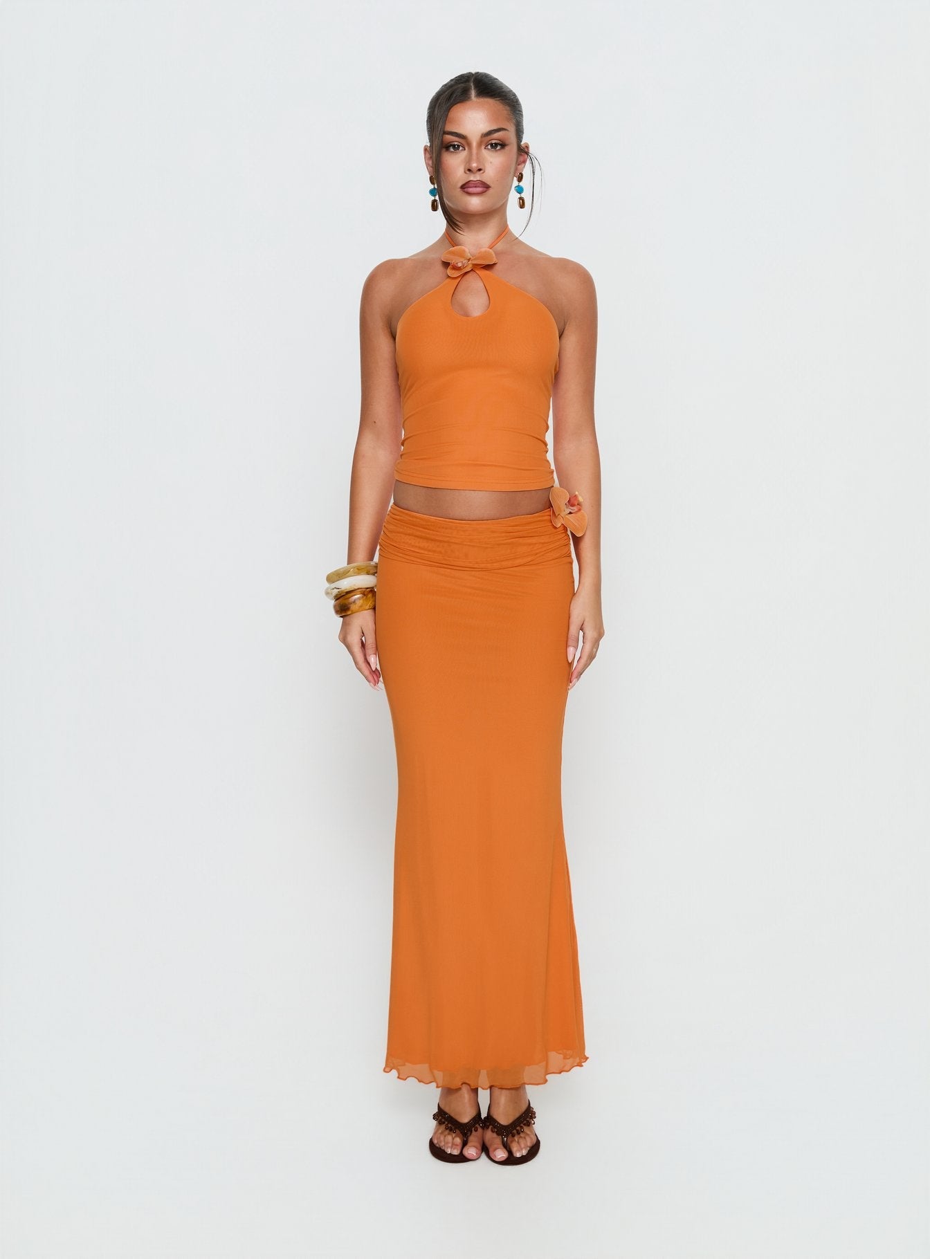 Star Fruit Ruched Waist Maxi Skirt Orange women's two piece set by Ellevoria