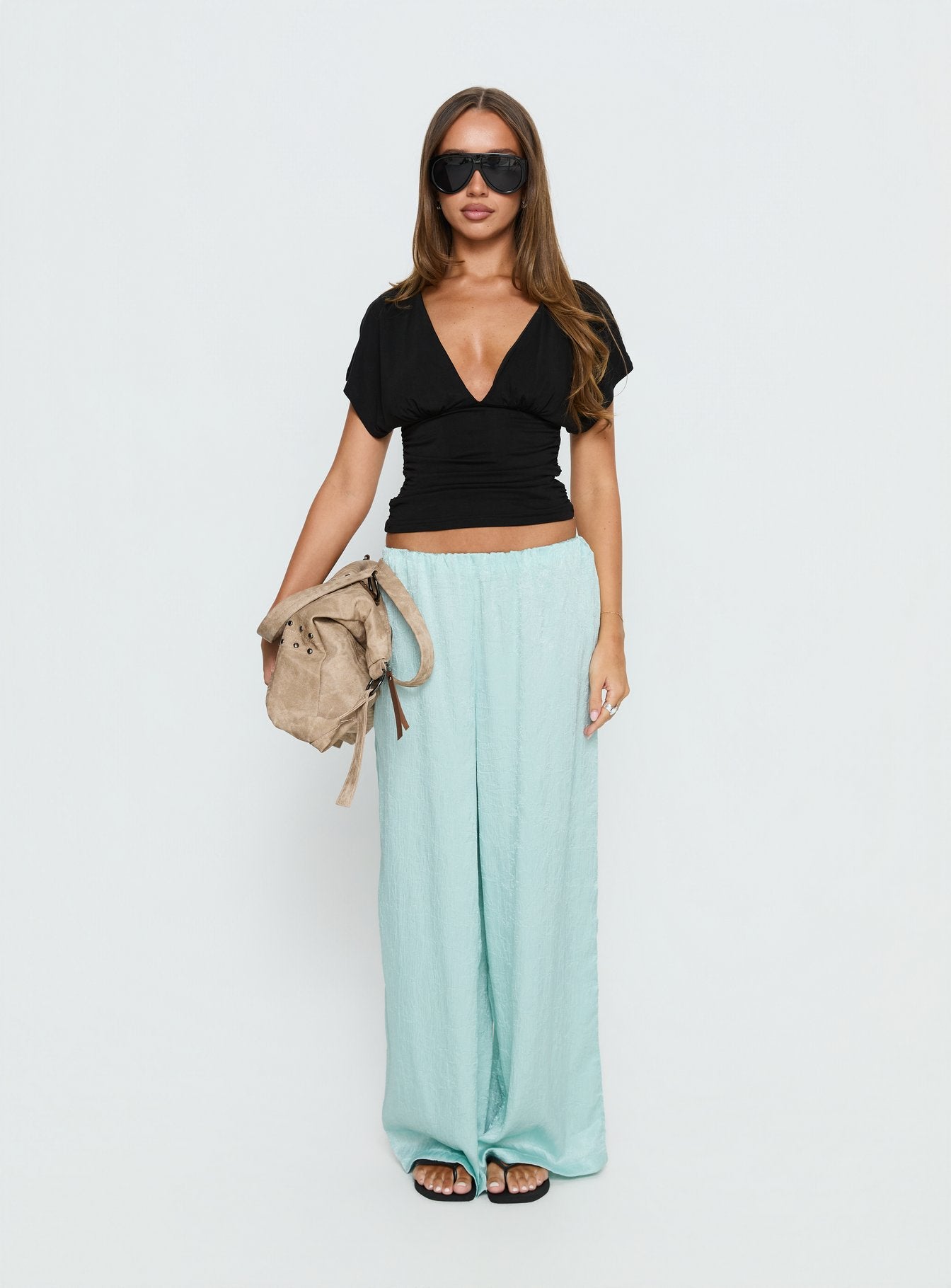 Salona Satin Straight Leg Pants Jelly Mint - loose fit women's bottoms by Ellevoria