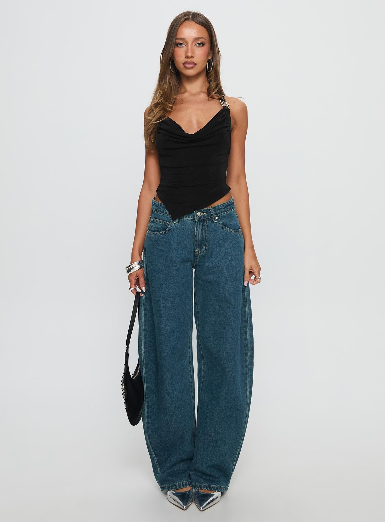 Juda Mid Rise Barrel Leg Jeans Mid Blue Wash women's denim jeans by Ellevoria