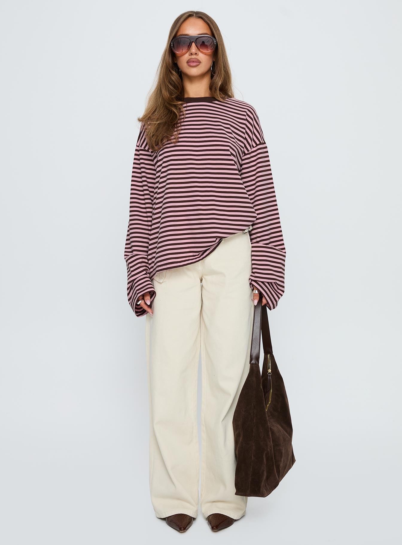 Settle Down Long Sleeve Top Pink / Brown Stripe women's two piece set by Ellevoria