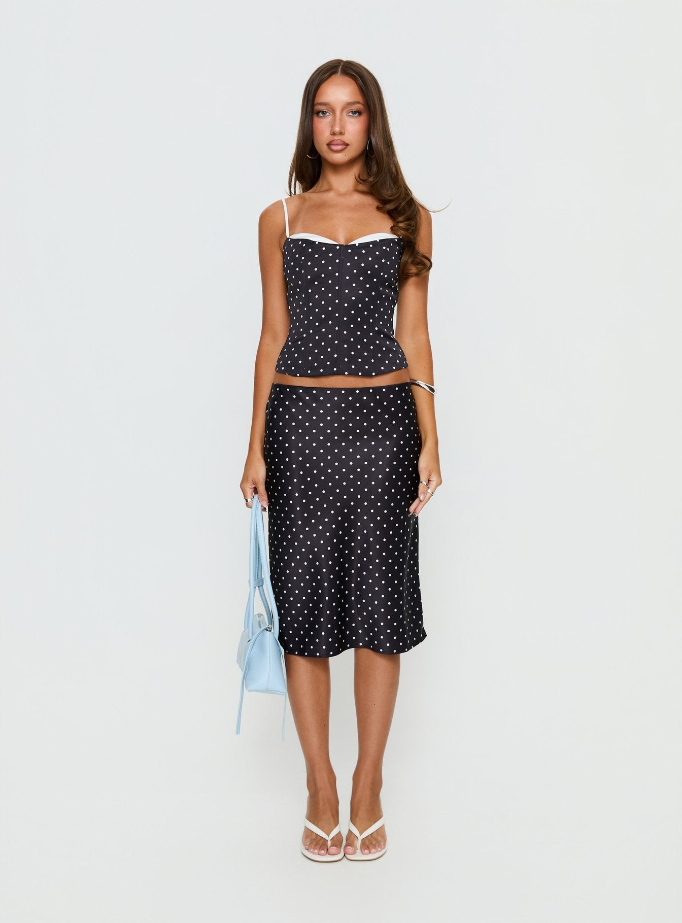 Somani Satin Midi Skirt Black Polka Dot women's two piece set by Ellevoria