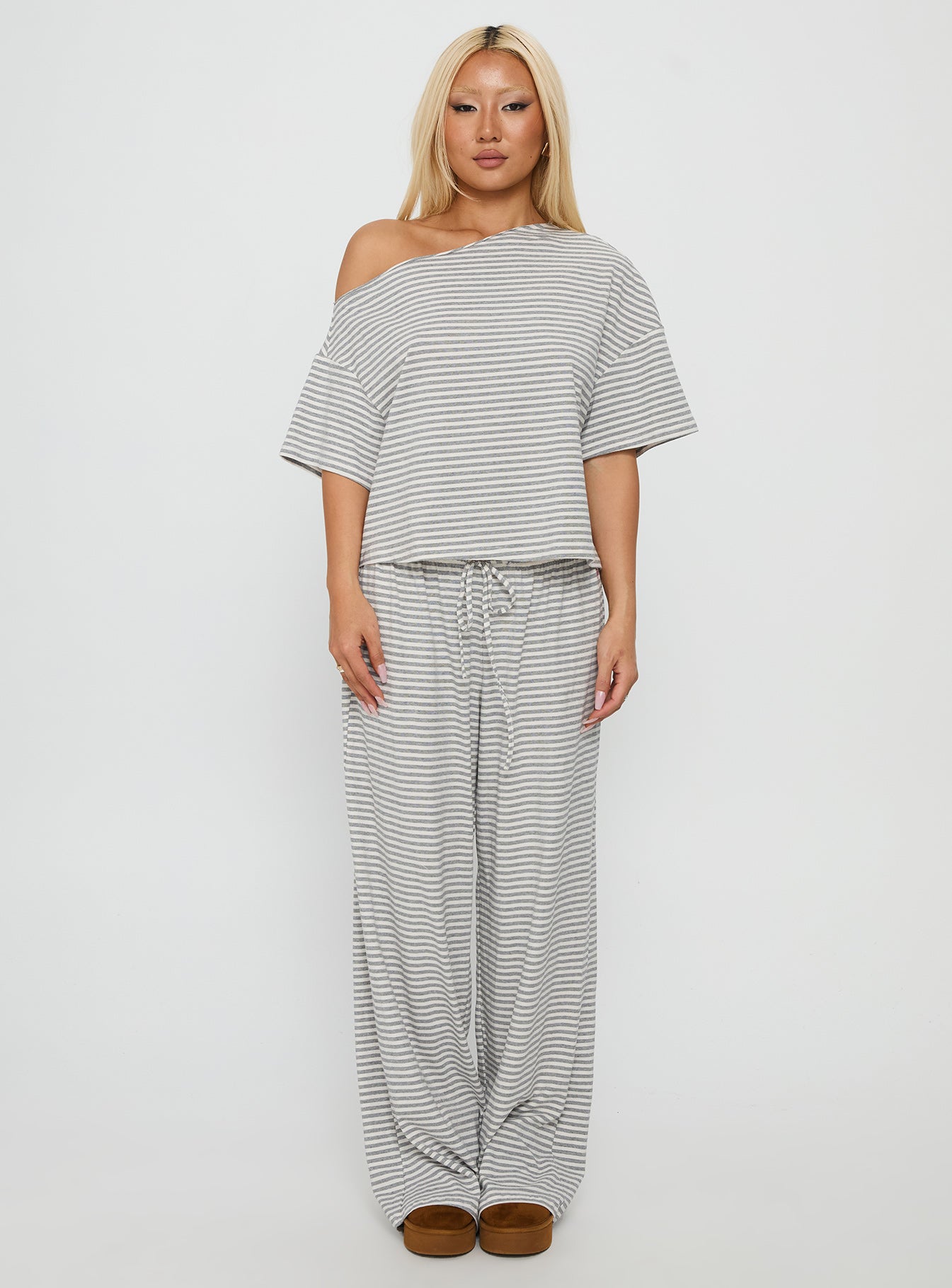 Tobie Off Shoulder Sleep Set Grey Stripe women's two piece set by Ellevoria