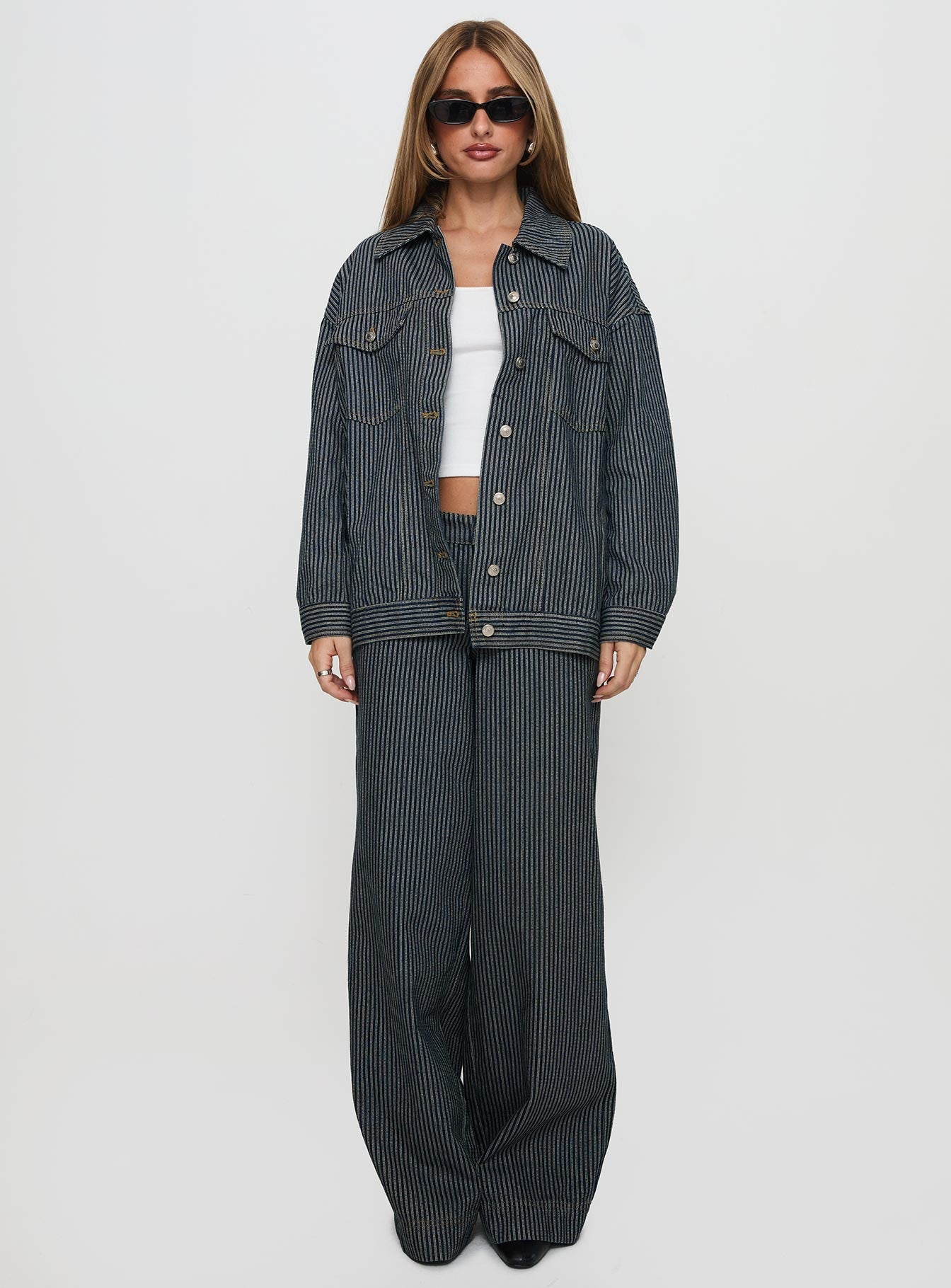 Actually Invested Low Rise Pants Denim Stripe women's pant set by Ellevoria