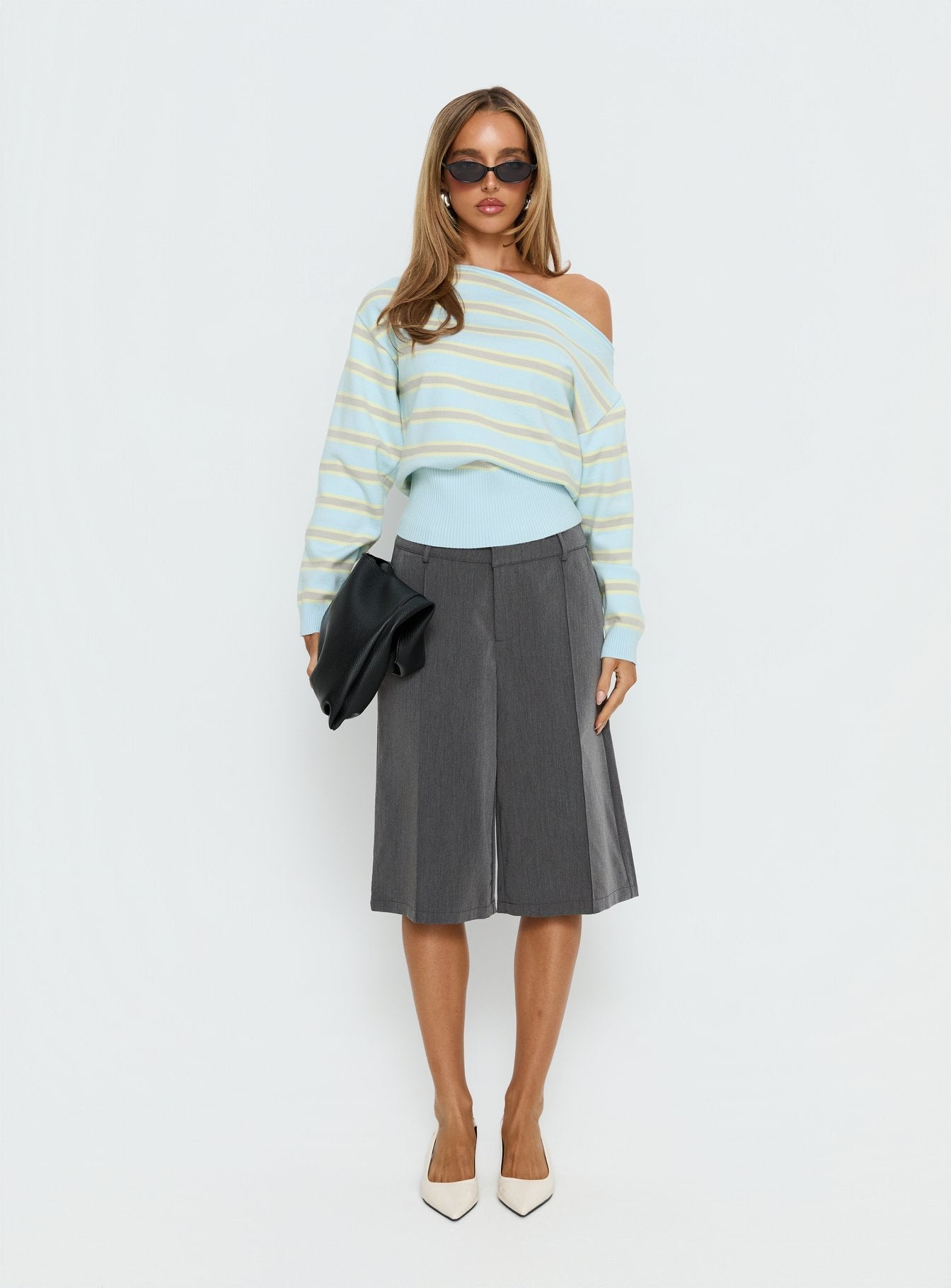 Zinia Off Shoulder Knit Sweater Grey / Blue Stripe women's sweater by Ellevoria