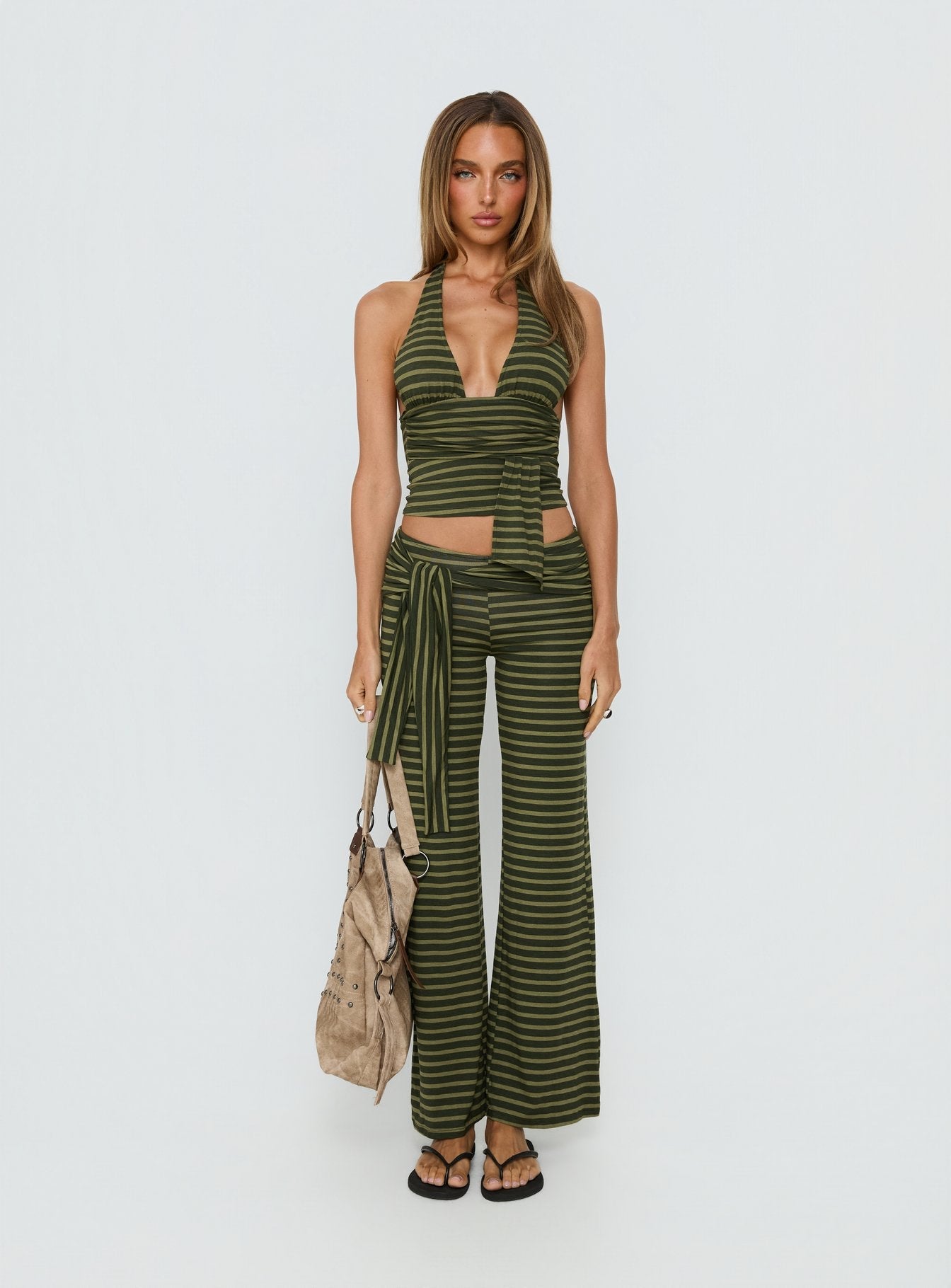 Esata Tie Detail Pants Green Stripe women's pant set by Ellevoria