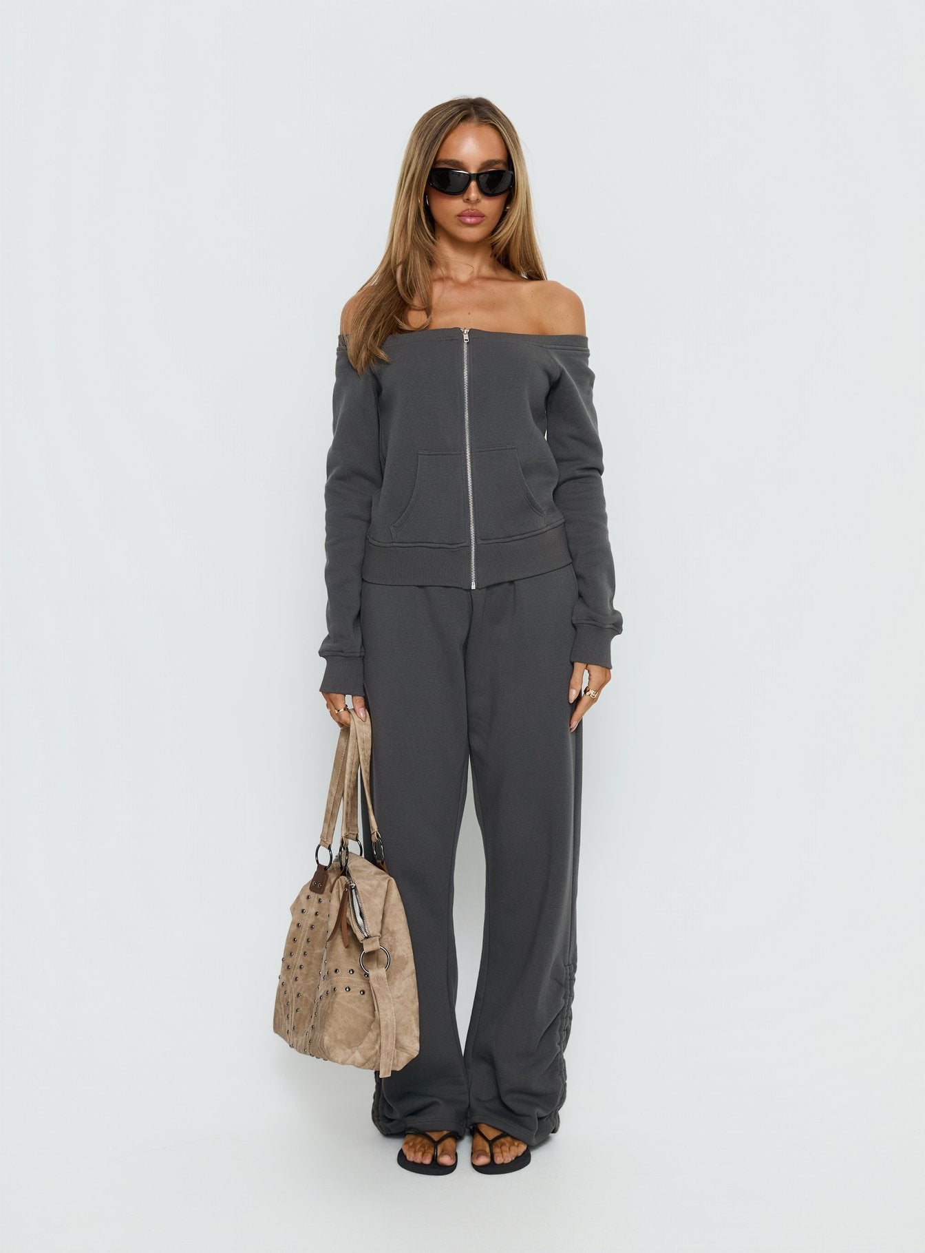 Airazo Off Shoulder Zip Through Jumper Grey women's sweater by Ellevoria