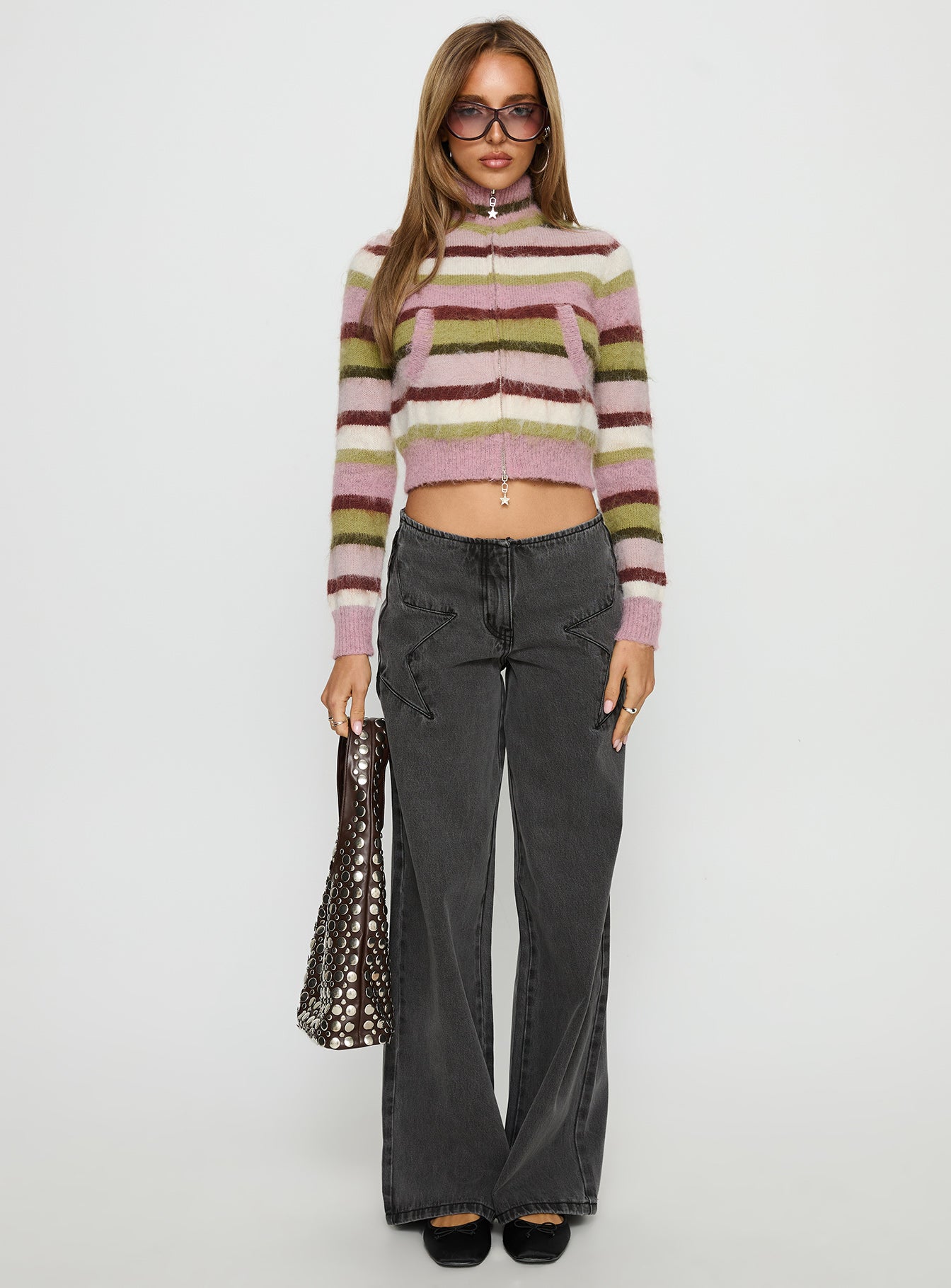 Keeva Zip Through Knit Jumper Pink / Green Stripe women's sweater by Ellevoria