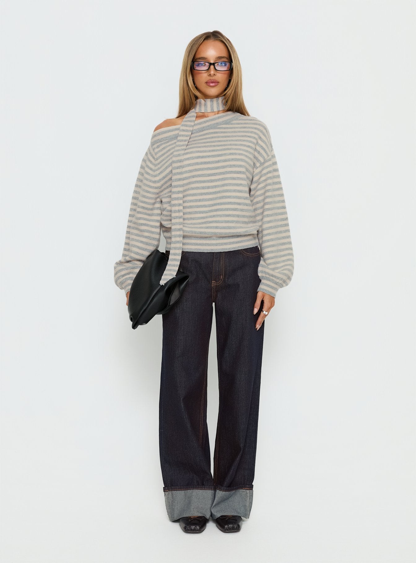 Ruthi Scarf Off Shoulder Knit Sweater Neutral Stripe women's sweater by Ellevoria