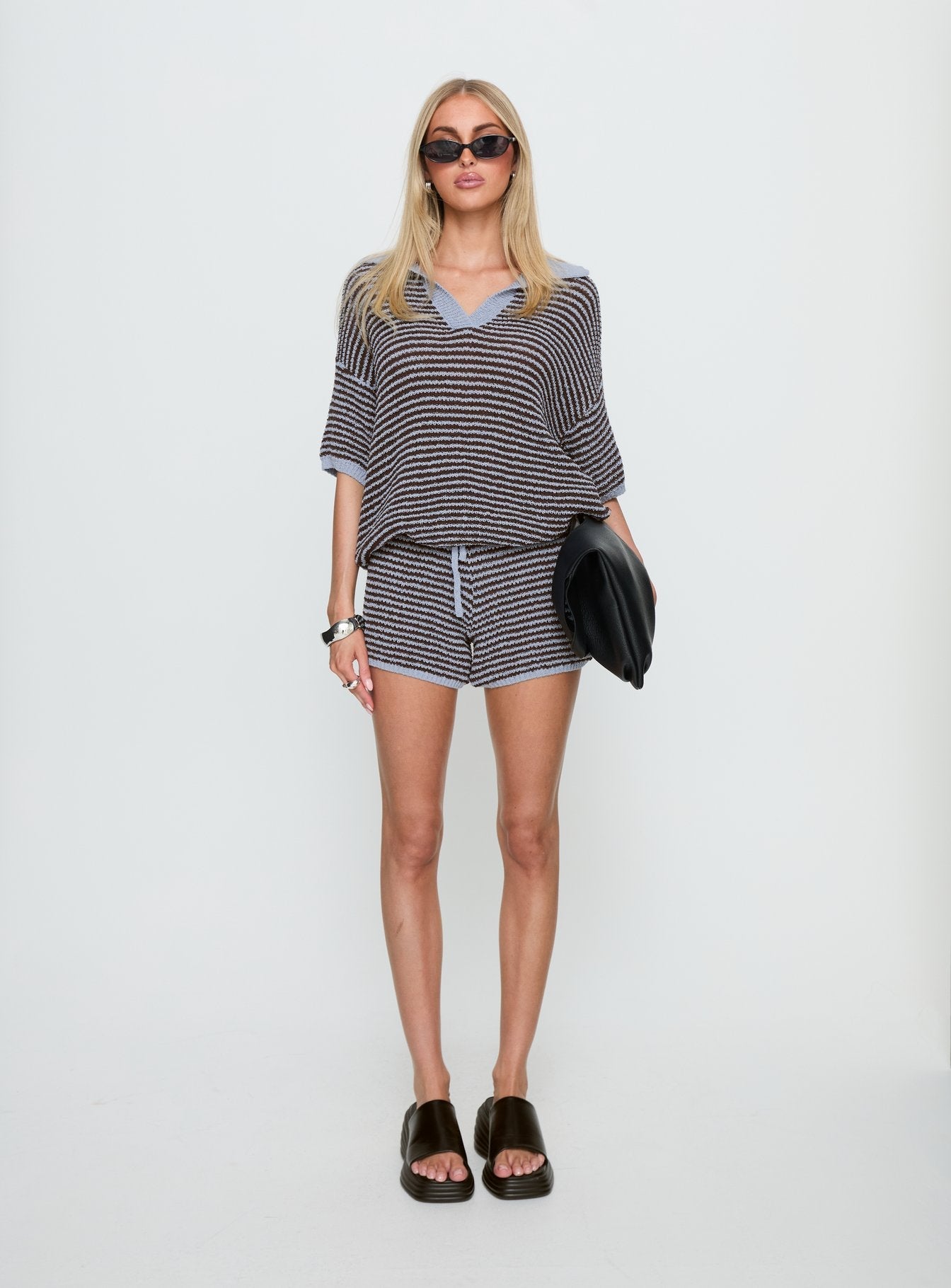 Serenique Knit Shorts Blue / Chocolate women's two piece set by Ellevoria