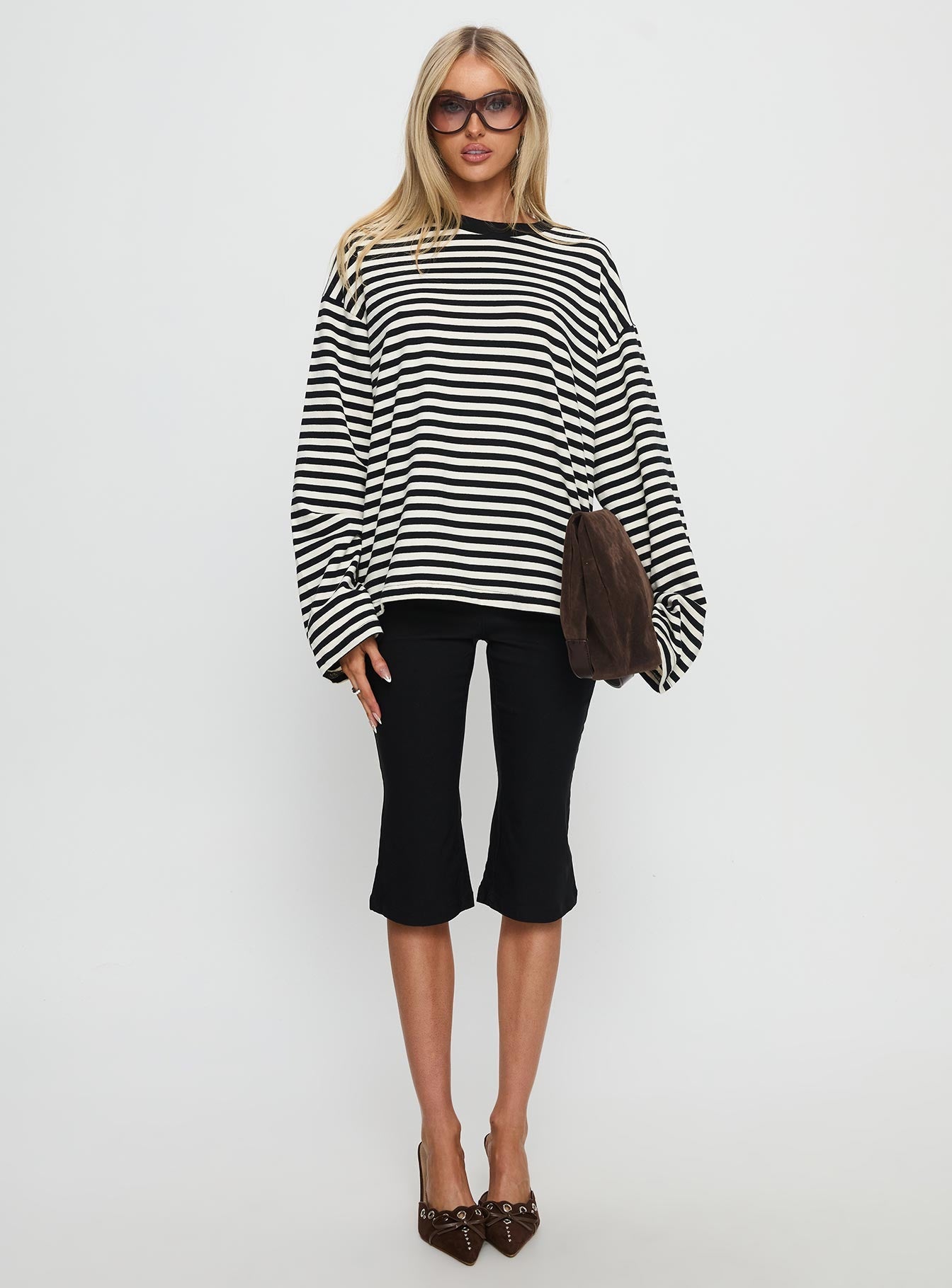 Settle Down Long Sleeve Top Black / White Stripe women's two piece set by Ellevoria