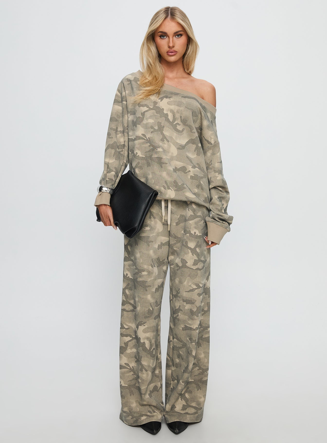 Wellness Off The Shoulder Jumper Washed Camo women's sweater by Ellevoria