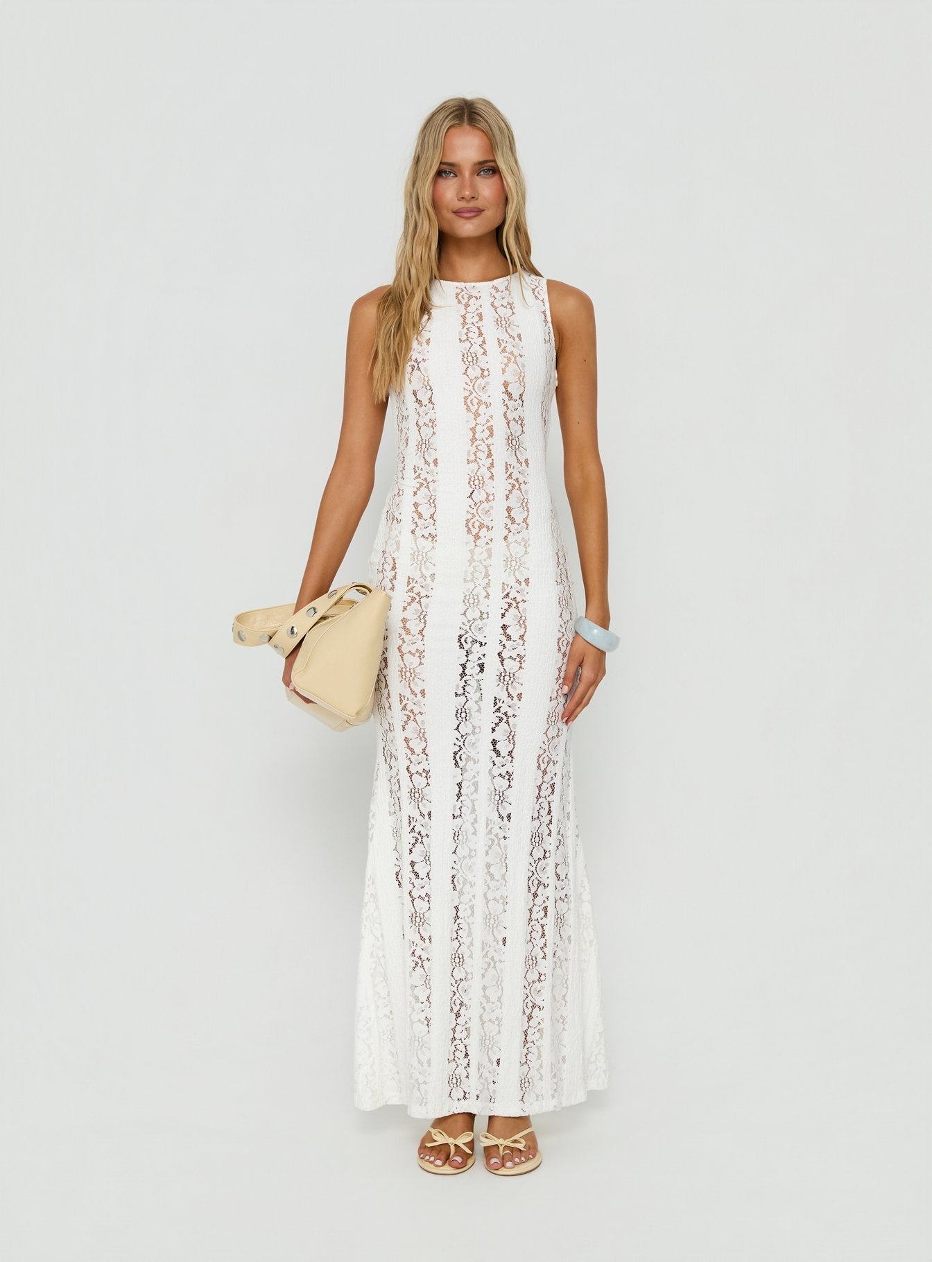 Laurenza Sheer Lace Maxi Dress Off White - women's maxi dress by Ellevoria - view 7