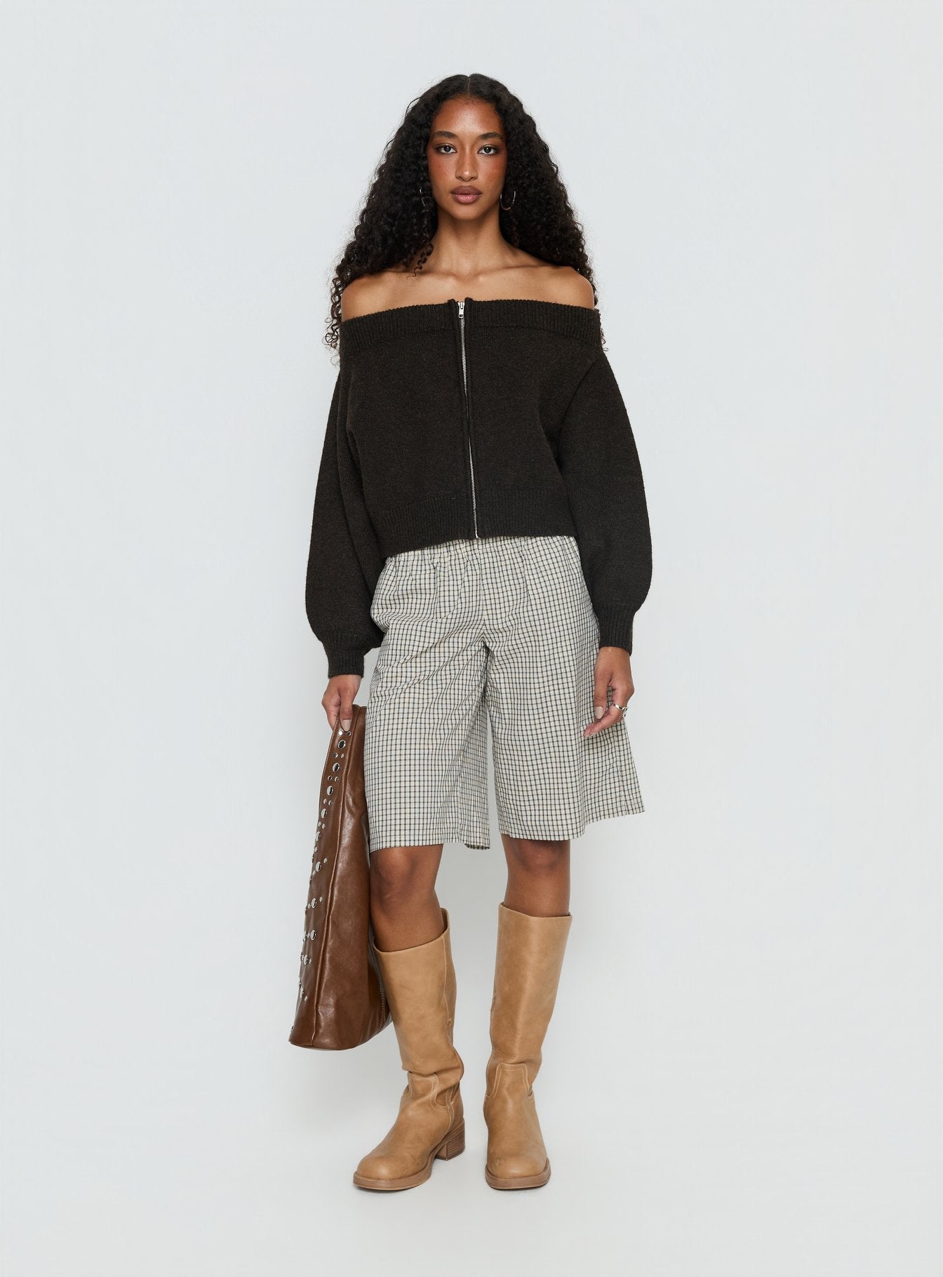 Ortensa Off Shoulder Zip Through Jumper Brown women's sweater by Ellevoria