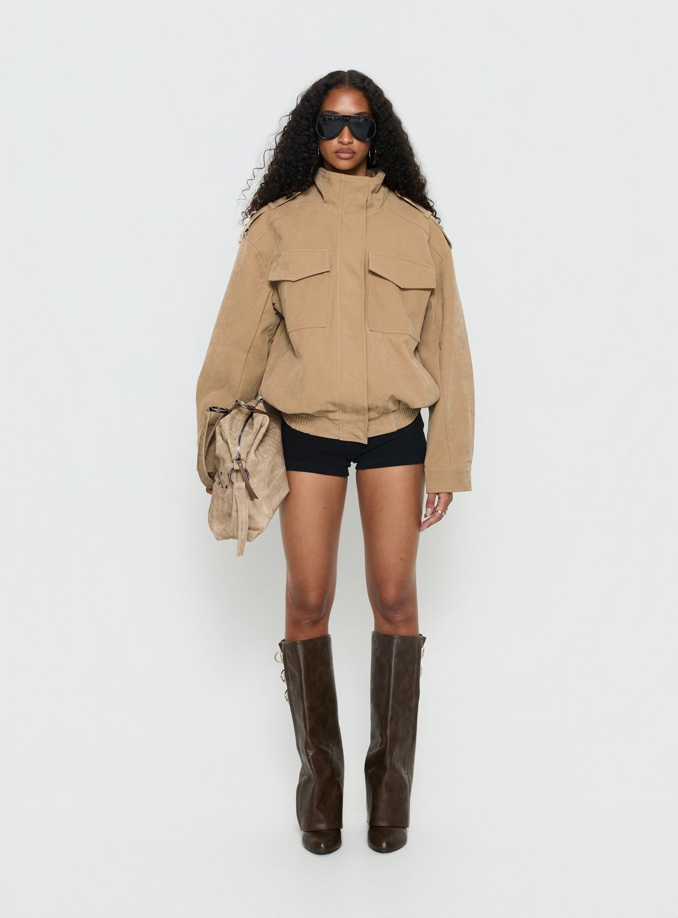 Double Life Funnel Neck Cargo Jacket Beige women's jacket by Ellevoria