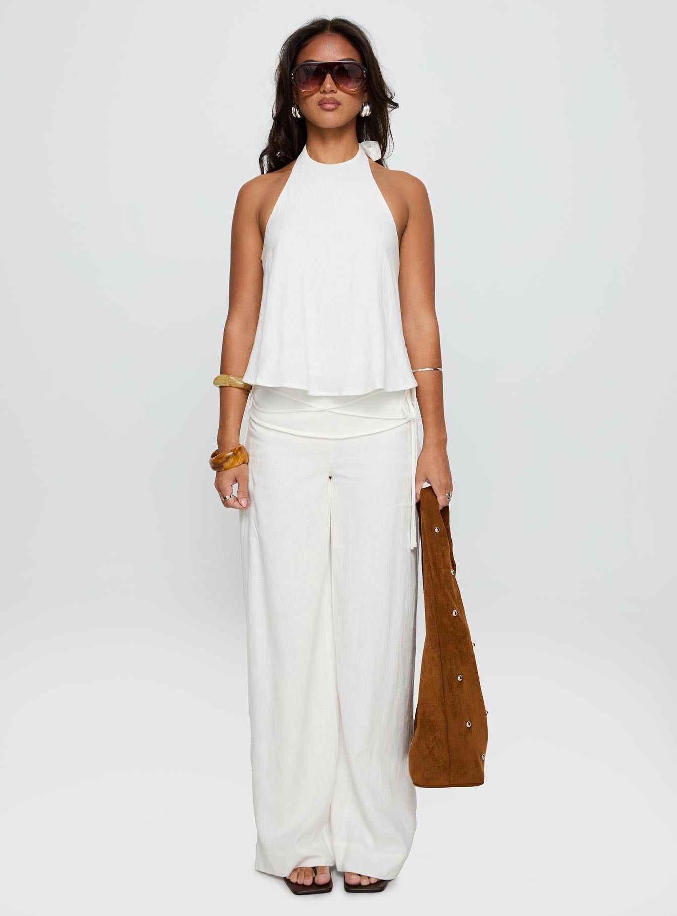 Silver Moon Linen Blend Tie Pants White - loose fit women's bottoms by Ellevoria