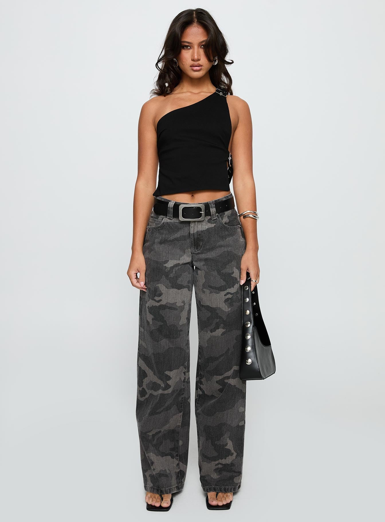 Big Talk Mid Rise Straight Leg Jeans Grey Washed Camo women's denim jeans by Ellevoria