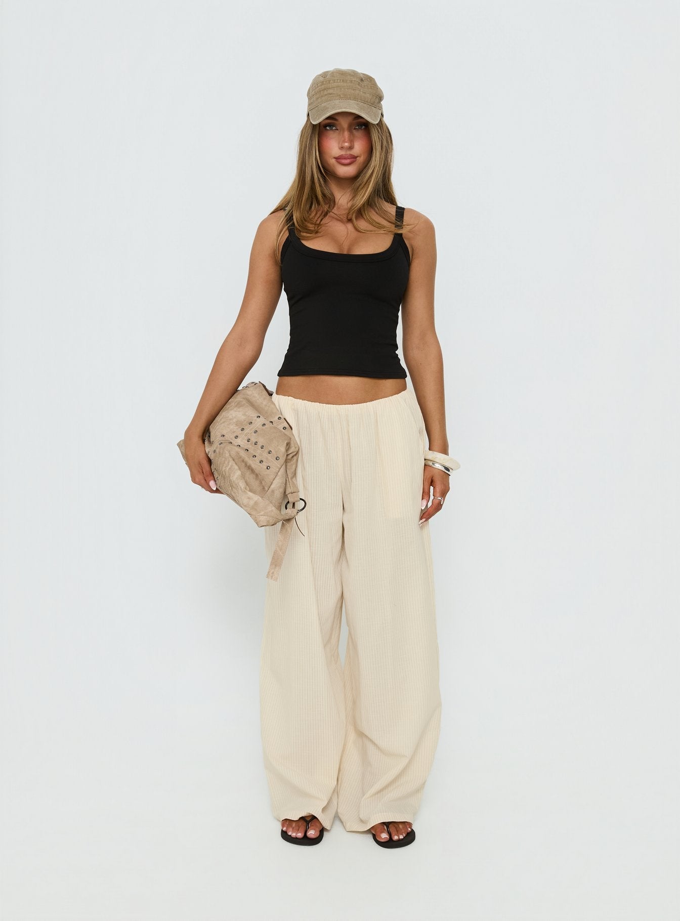 Lunea Concealed Waistband Pants Beige Stripe - loose fit women's bottoms by Ellevoria