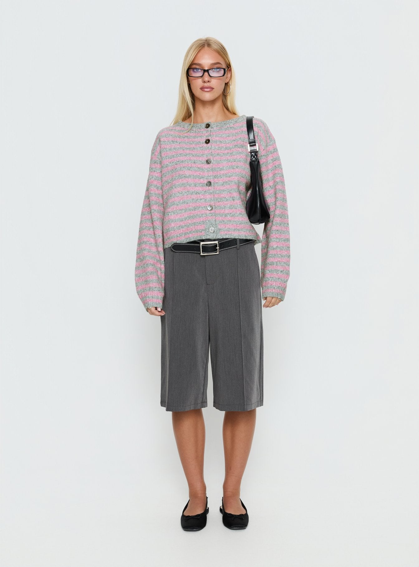 Raynna Button Up Cardigan Pink / Grey Stripe women's sweater by Ellevoria