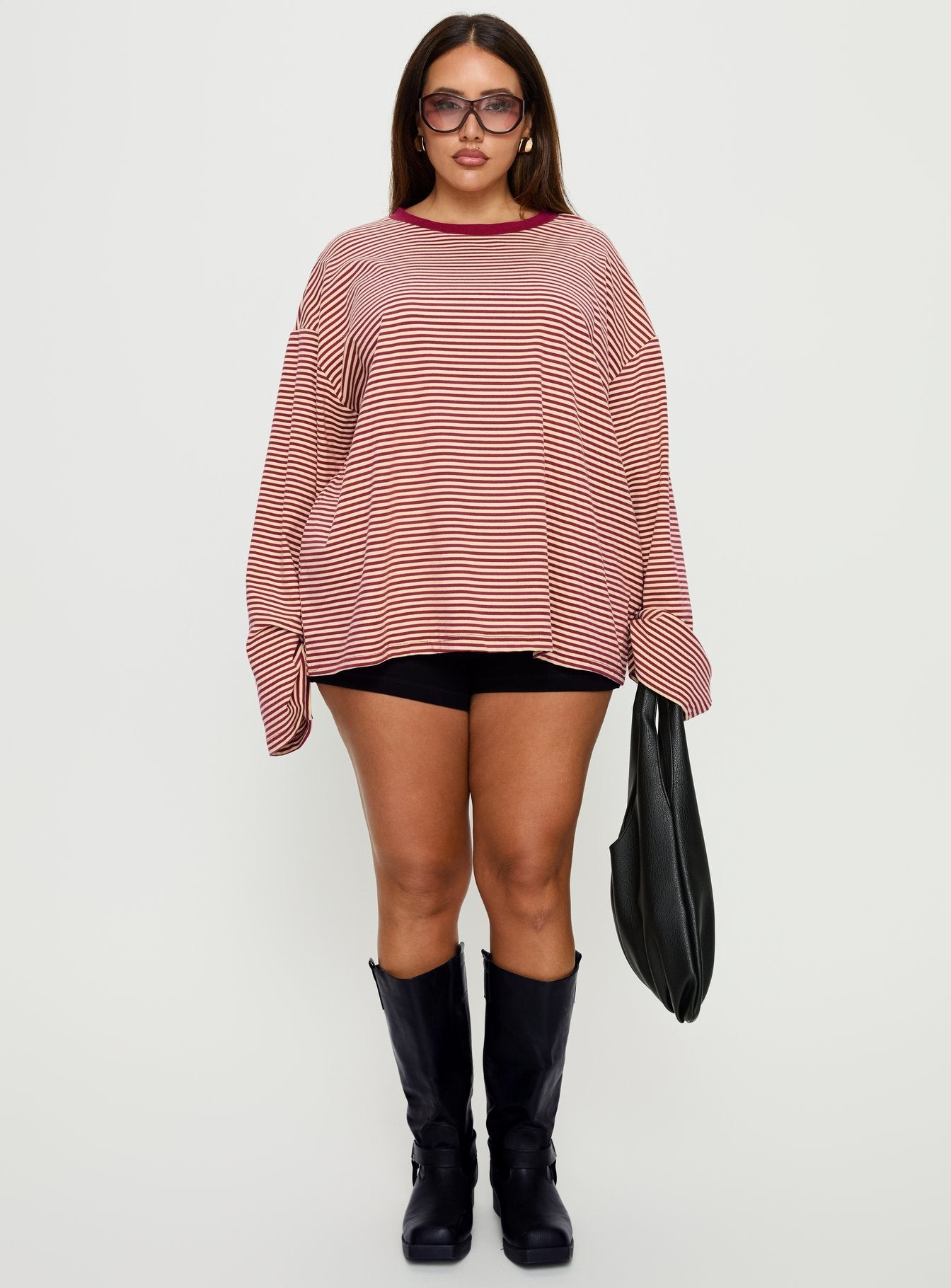 Settle Down Long Sleeve Top Lemon / Burgundy Stripe Curve women's matching set by Ellevoria