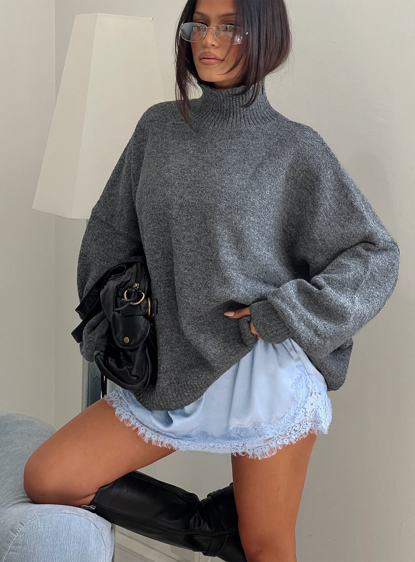 Patrizia Funnel Neck Knit Sweater Grey women's sweater by Ellevoria