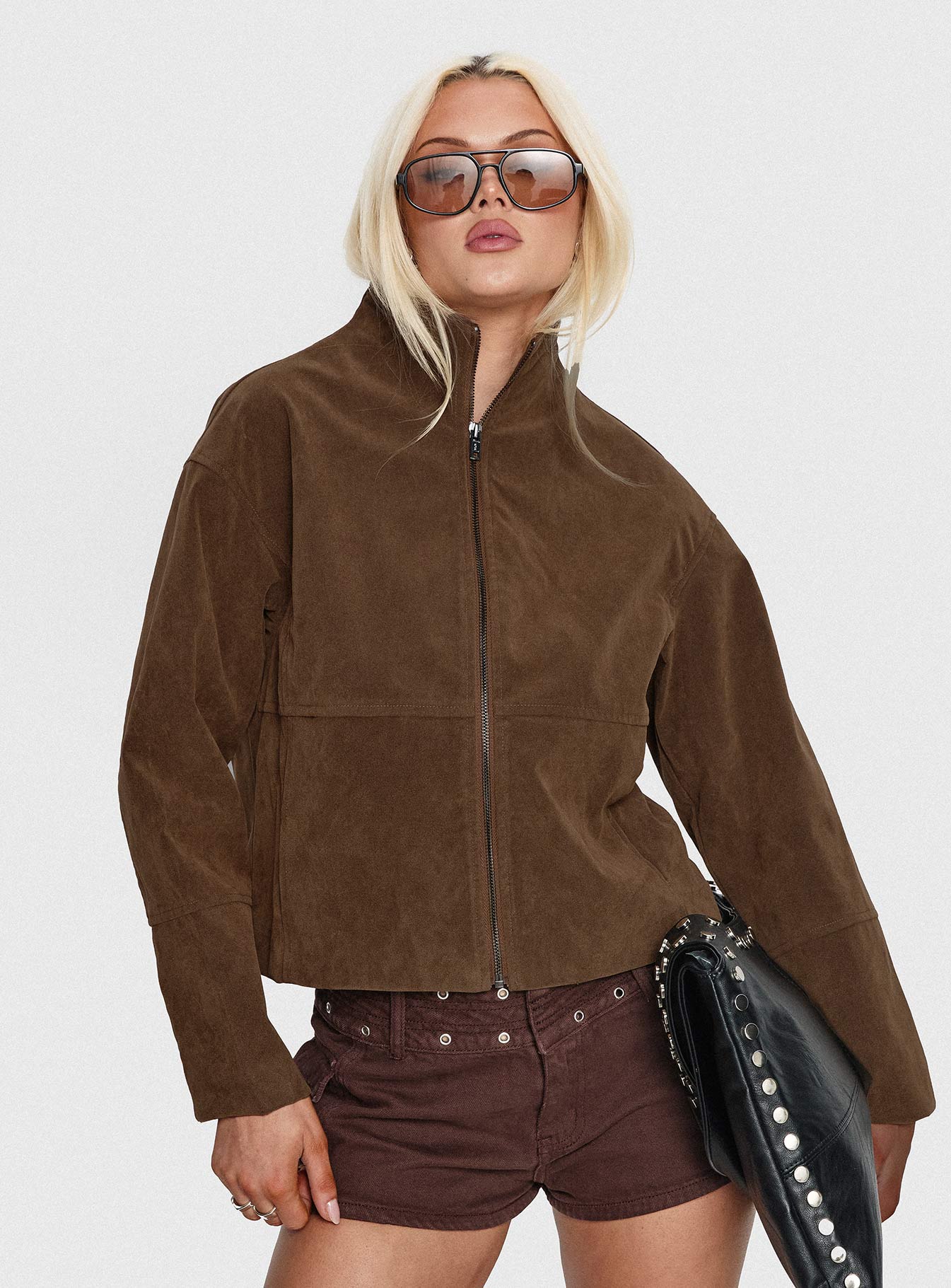 Jessalynn Faux Suede Zip Through Jacket Brown women's jacket by Ellevoria