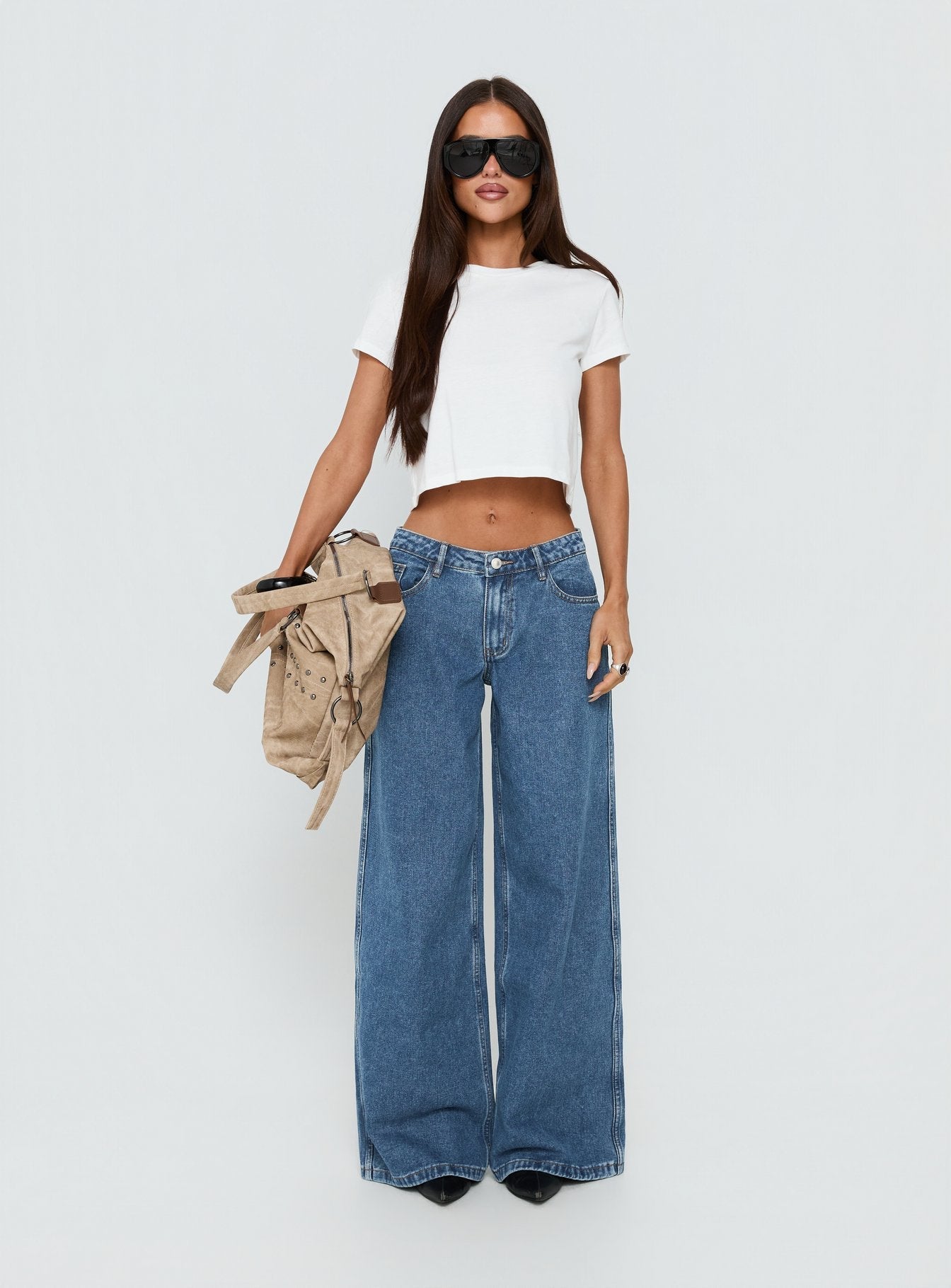 Ramos Low Rise Wide Leg Jeans Mid Blue Wash women's denim jeans by Ellevoria