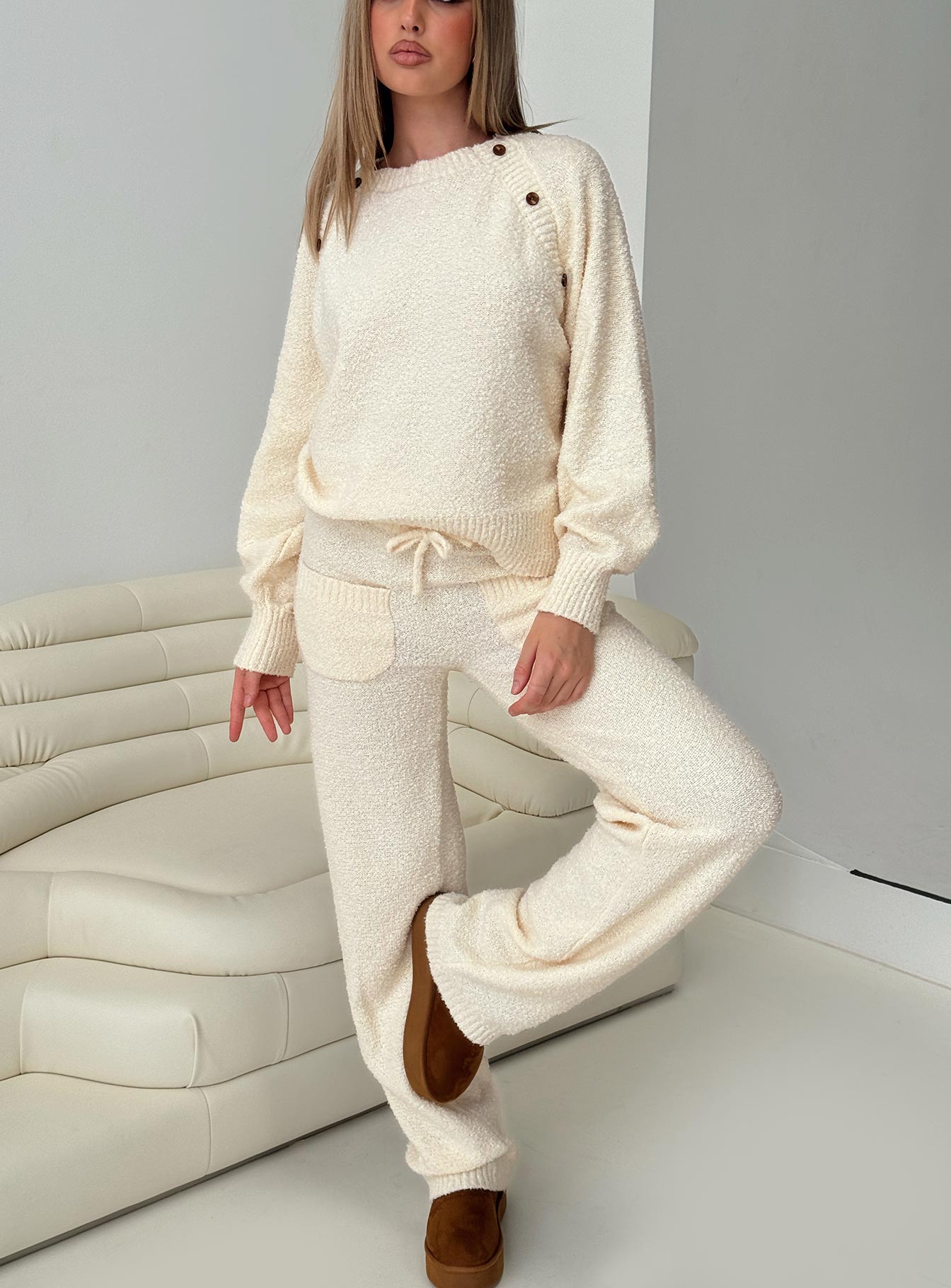 Susi Fluffy Knit Pant Ivory women's pant set by Ellevoria