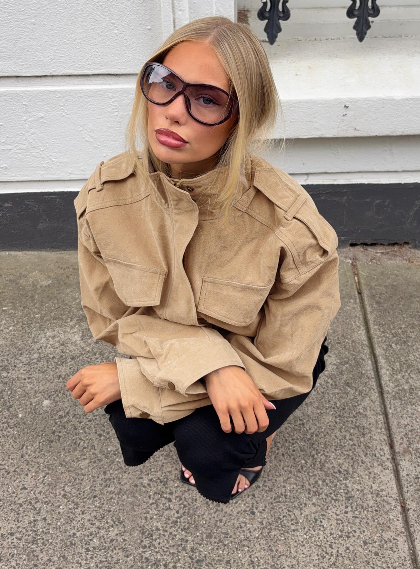 Double Life Funnel Neck Cargo Jacket Beige women's jacket by Ellevoria