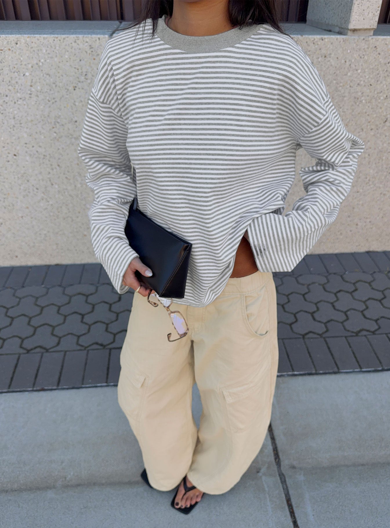 Settle Down Long Sleeve Top Grey / White Stripe women's two piece set by Ellevoria