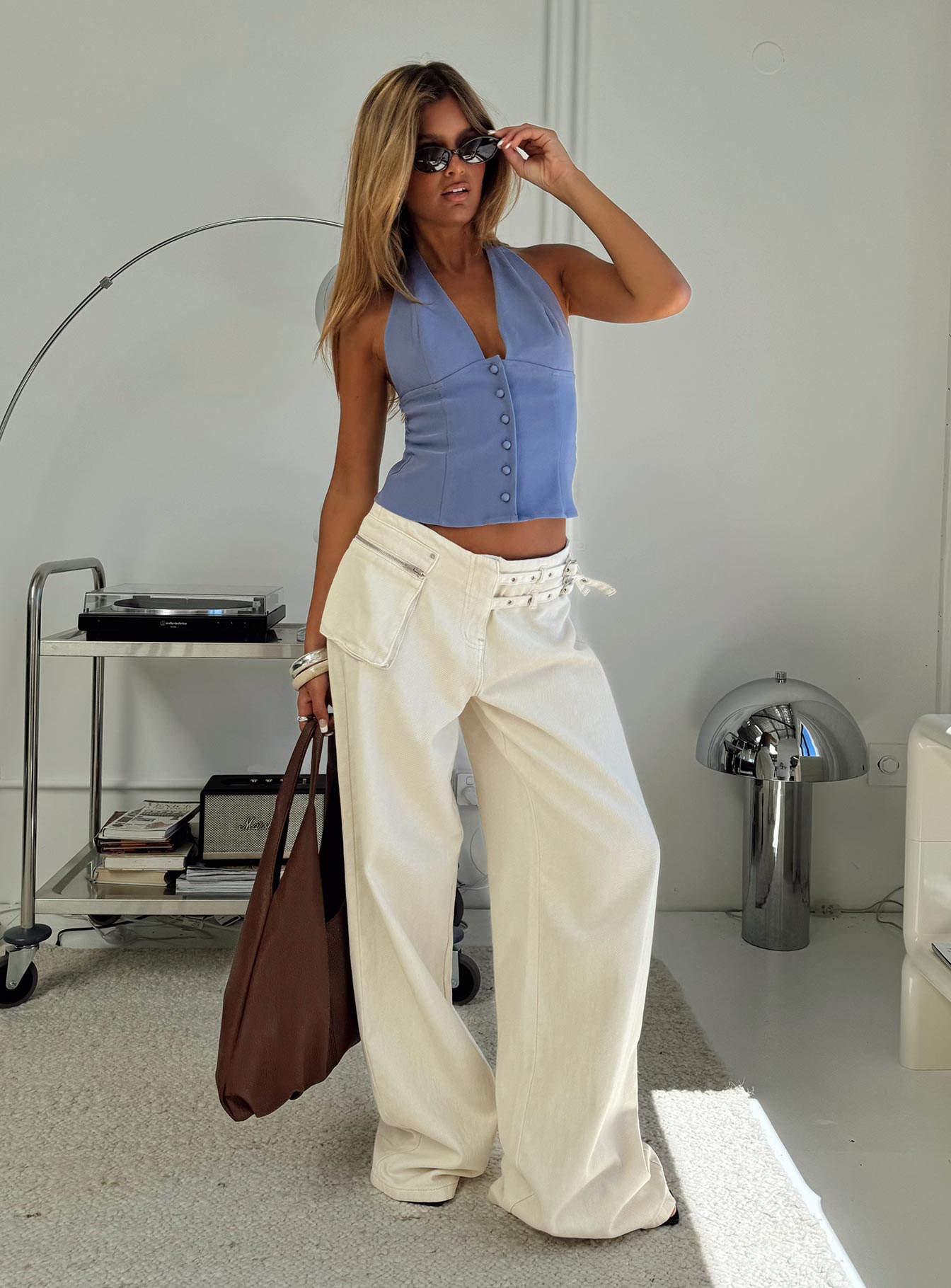 Paltrow Mid Rise Wide Leg Cargo Jeans Cream Petite women's denim jeans by Ellevoria