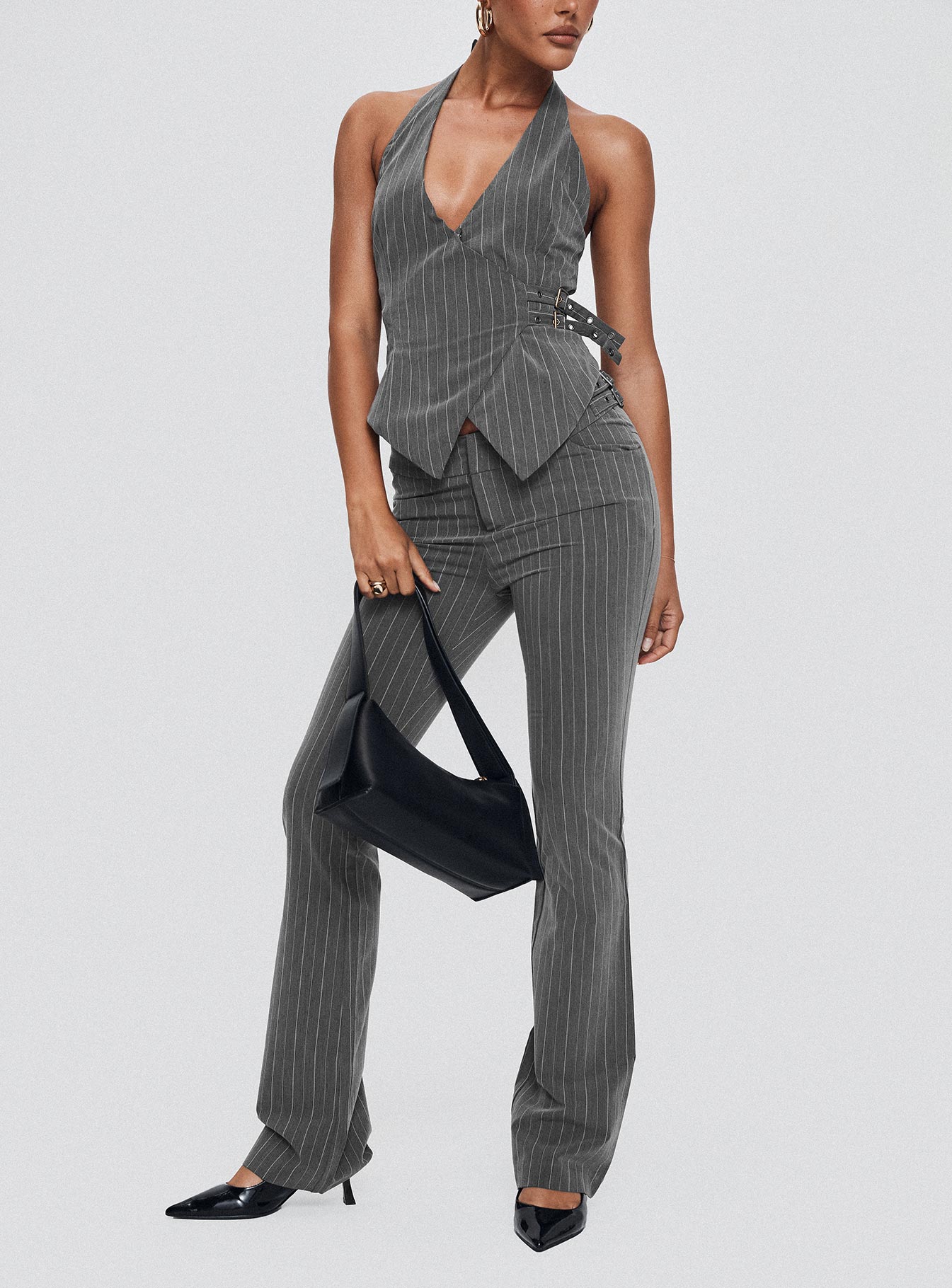Calexico Buckle Pant Grey Pinstripe women's pant set by Ellevoria