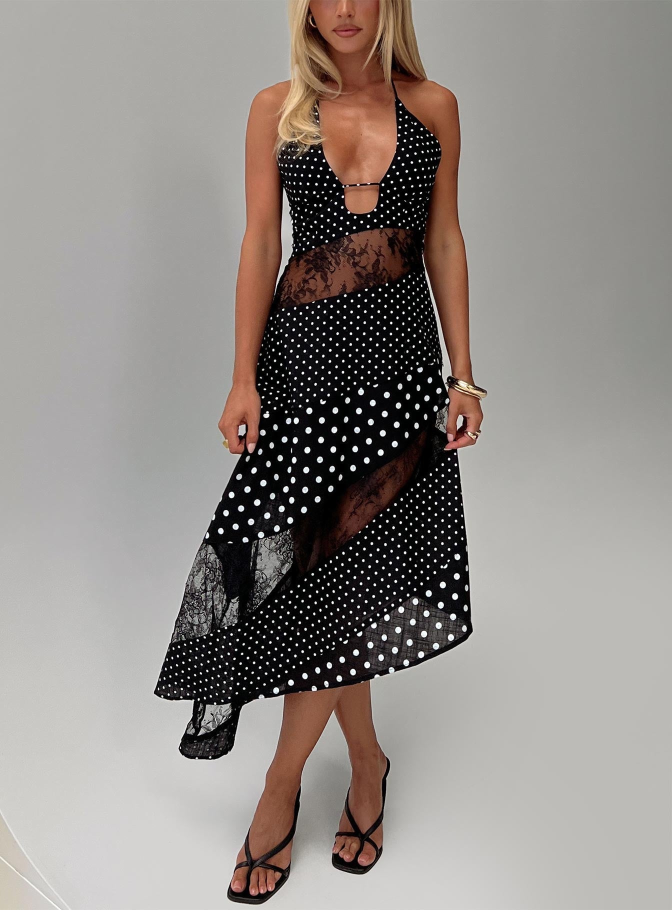 Down With Love Asymmetrical Midi Dress Black / White Polka Dot - women's midi dress by Ellevoria - view 9