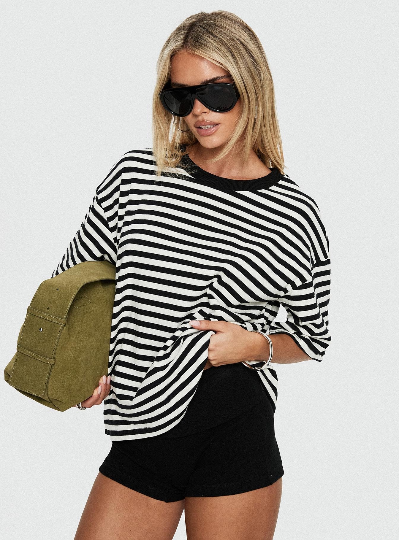 Settle Down Short Sleeve Top Black / White Stripe women's matching set by Ellevoria