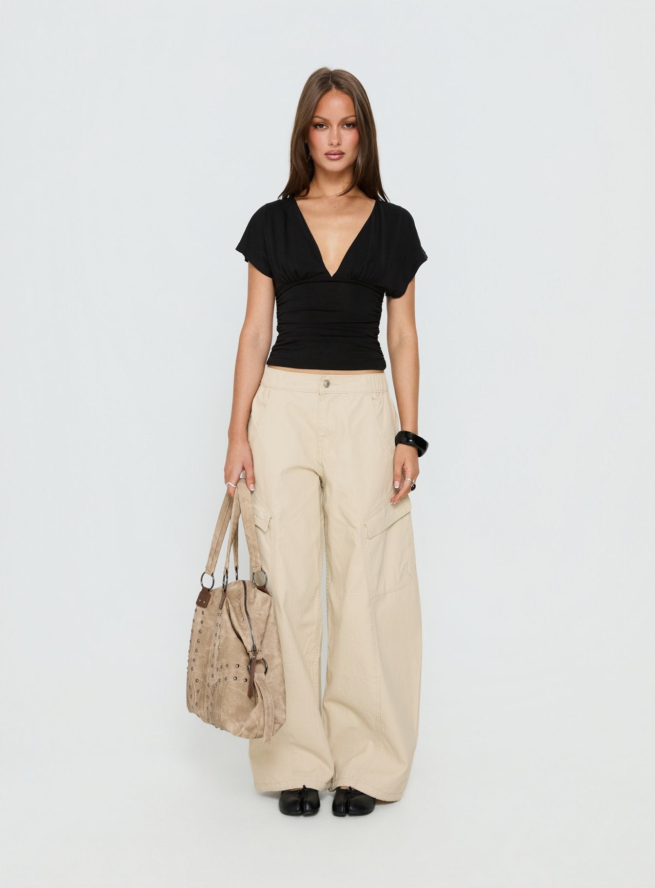Selective Memory Low Rise Wide Leg Cargo Pants Cream - loose fit women's bottoms by Ellevoria