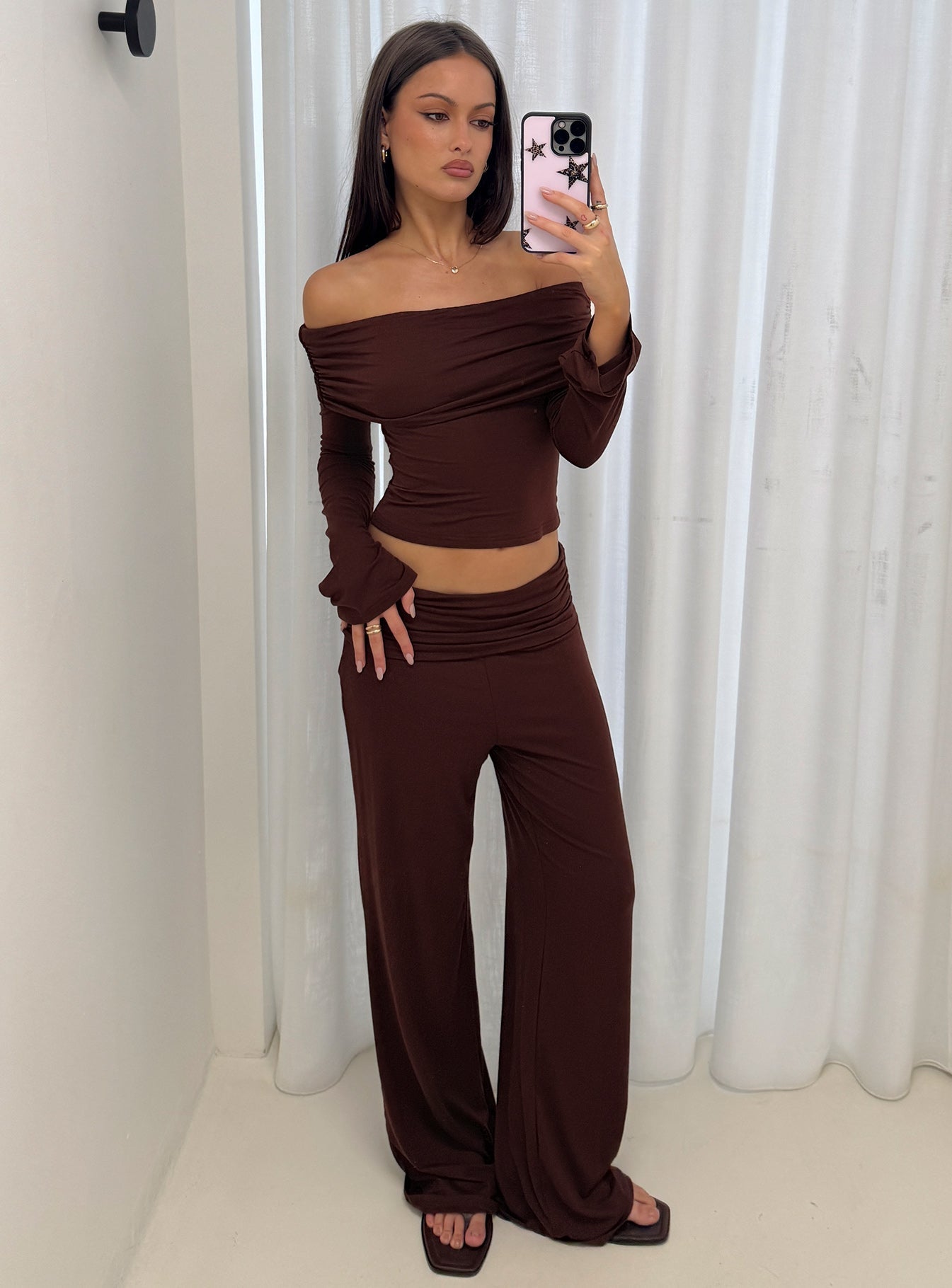 Fawne Ruched Folded Pants Brown women's pant set by Ellevoria