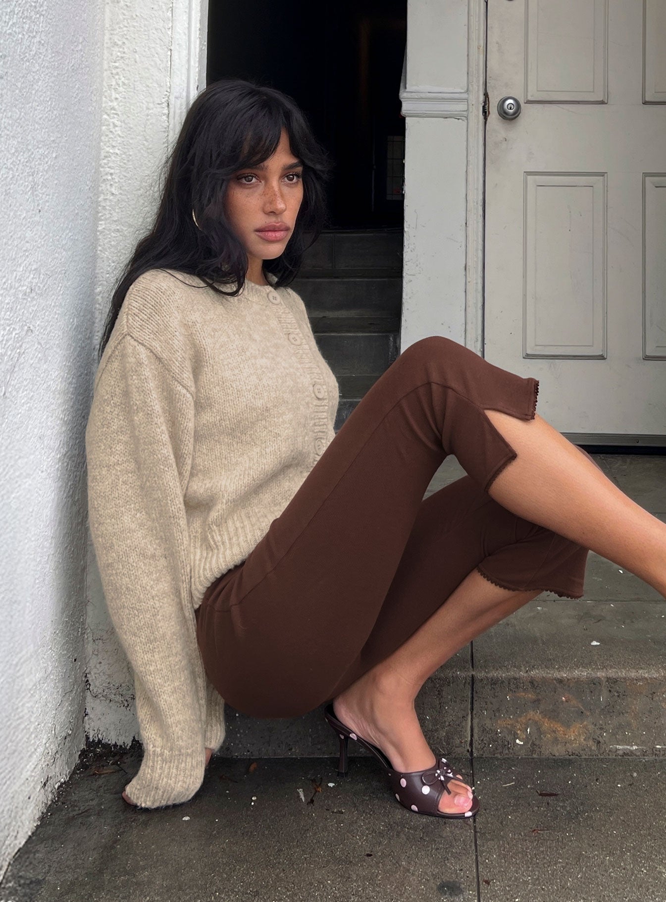 Trevonn Button Up Knit Cardigan Beige women's sweater by Ellevoria