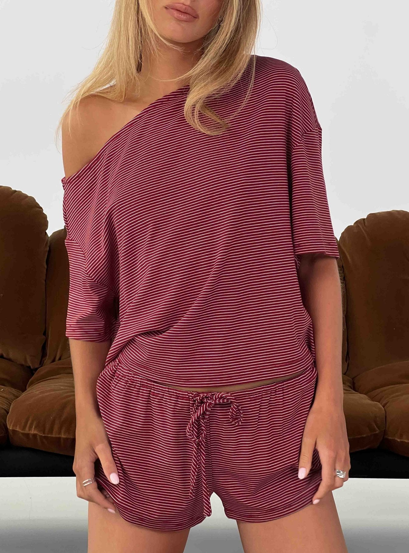 Sugar Surge Off Shoulder Sleep Top Cherry Stripe women's matching set by Ellevoria