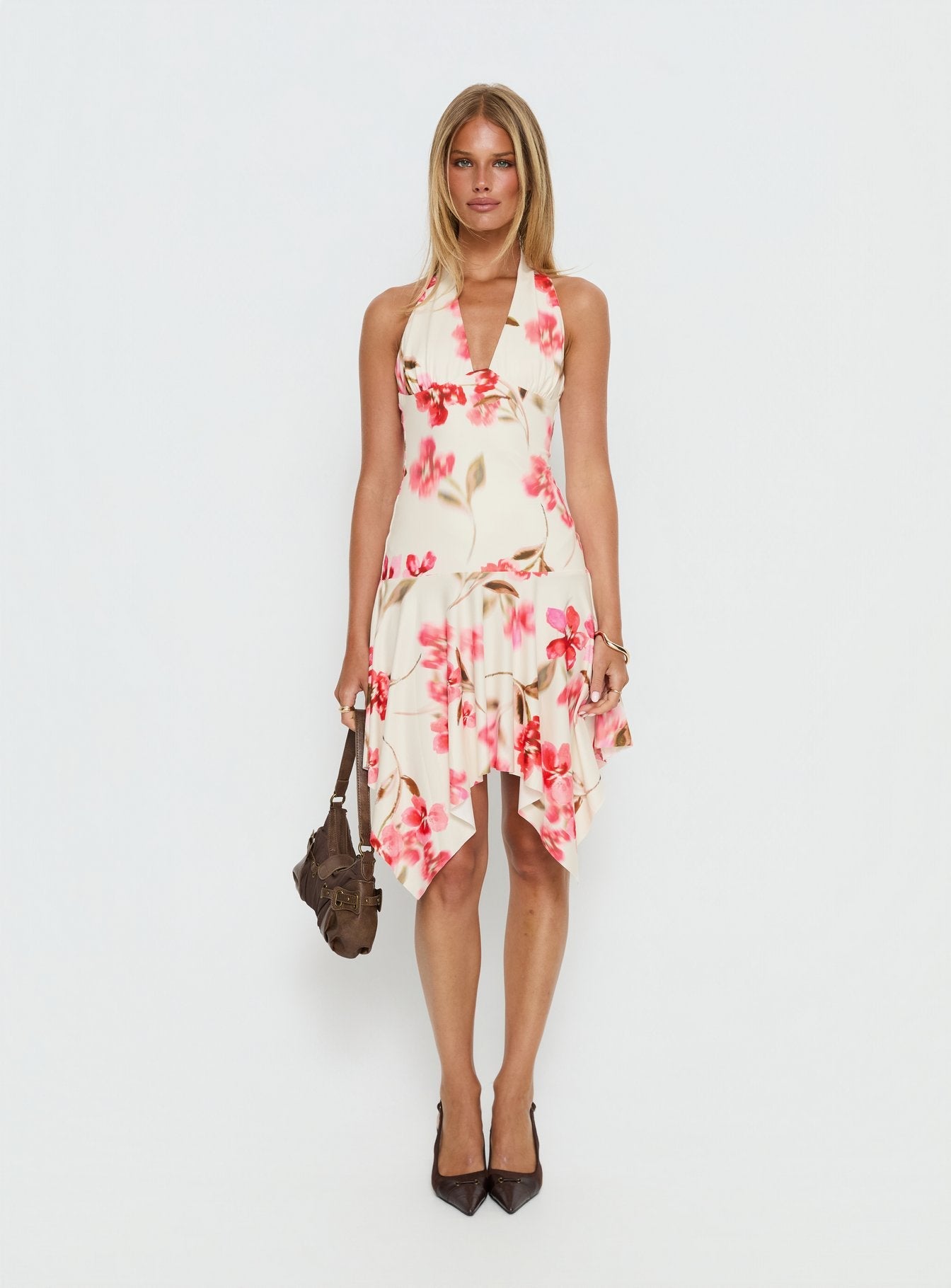 Loreza Halter Asymmetrical Midi Dress Cream Floral - women's midi dress by Ellevoria - view 8